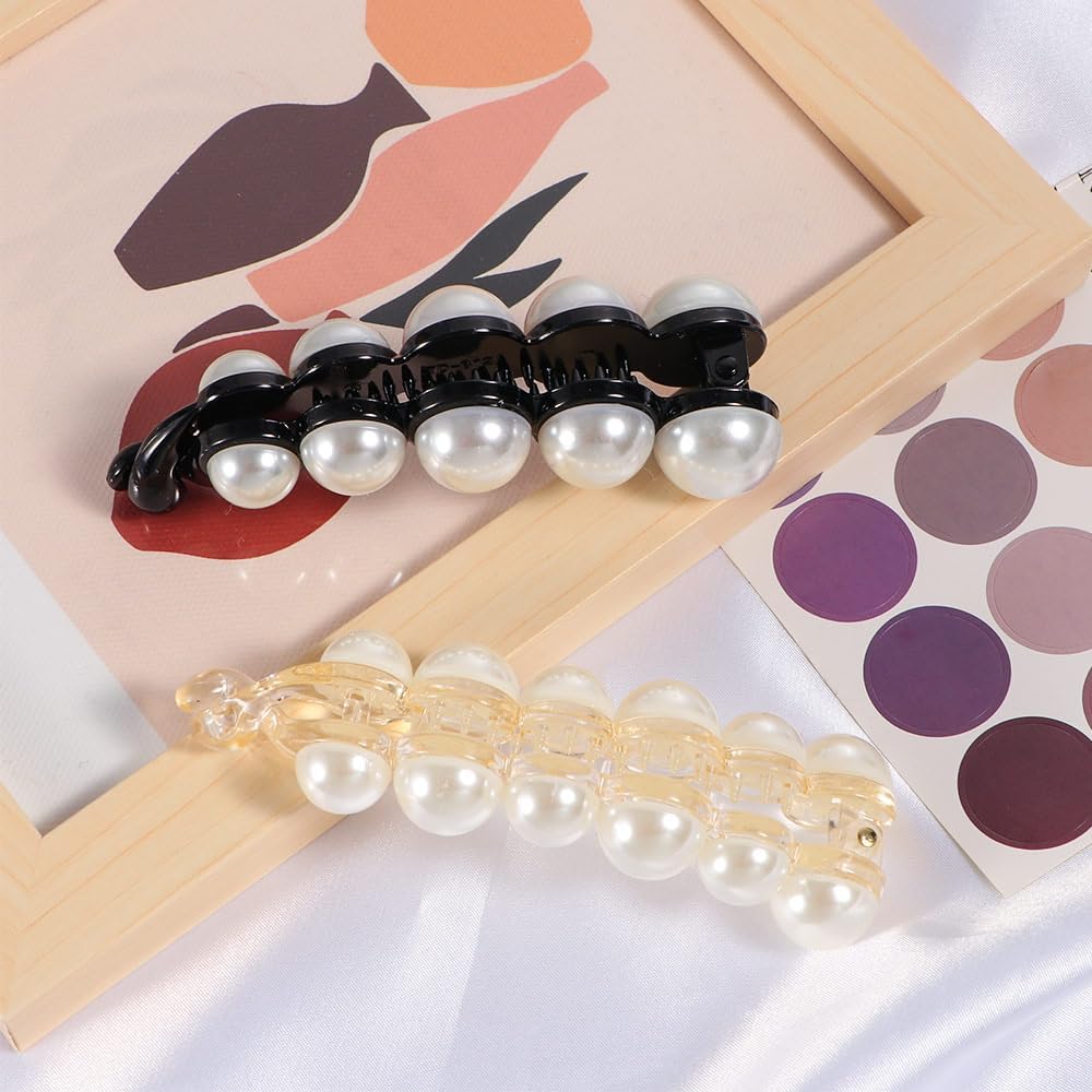 2 PCS Pearl Hair Clips - Banana Clips & Ponytail Holders for Women & Girls | Rhinestone Barrettes for Thick & Fine Hair | Elegant French Hair Accessories for Weddings, Parties & Daily Use