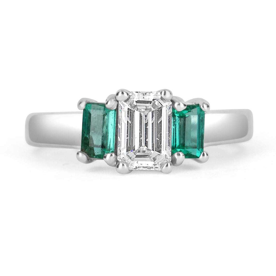 1.27tcw Classic Three Stone Diamond & Emerald Engagement Ring 14K White Gold - Elegant Wedding Jewelry for Proposal, Anniversary & Special Occasions