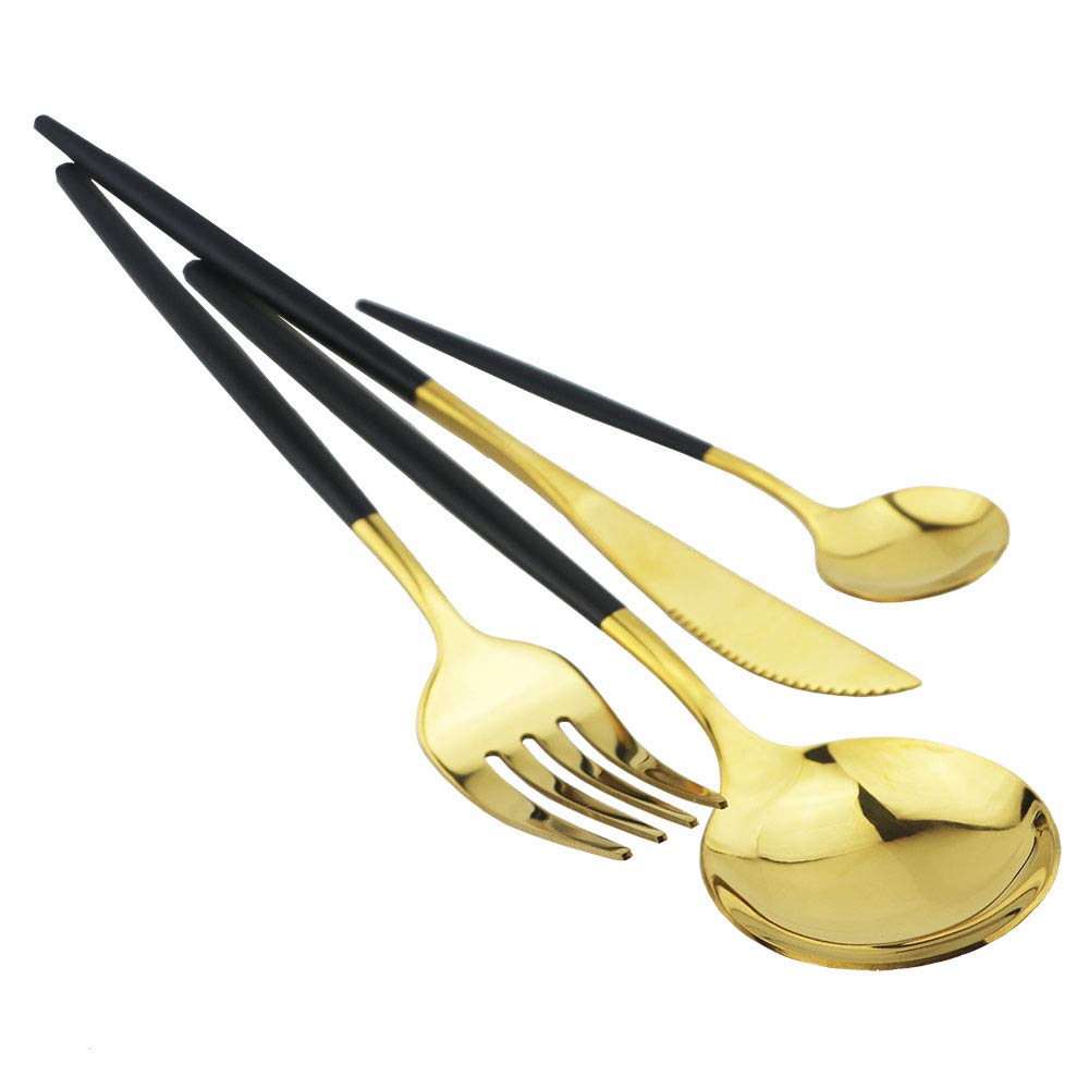 Premium 30-Piece Stainless Steel Flatware Set - Black Gold Silverware with Satin & Mirror Finish - Elegant Cutlery for Home, Restaurant & Dinner Parties - Dishwasher Safe Tableware for Everyday Use & Special Occasions