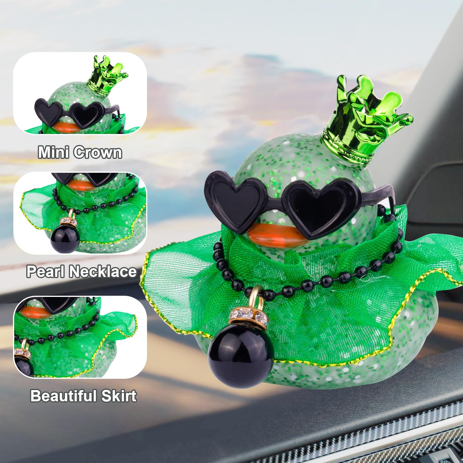 Rubber Duck Car Dashboard Decoration with Mini Crown, Skirt, Necklace & Glasses - Cute Car Accessories for Dashboard, Office Desk, and Party Decor - CF038A