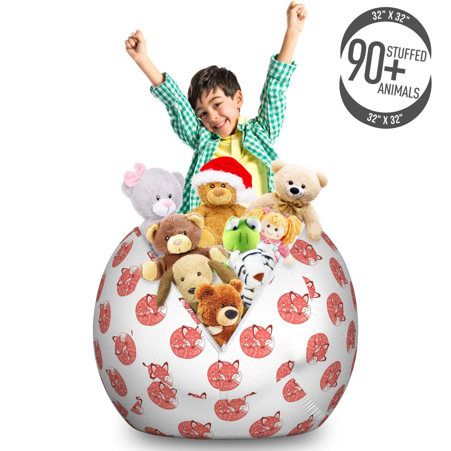 Ambesonne Fox Printed Storage Toy Bag Chair - Large Washable Stuffed Animal Organizer with Woodland Theme, Dark Salmon Paprika | Kids' Room Decor, Playroom Storage, Nursery Organization
