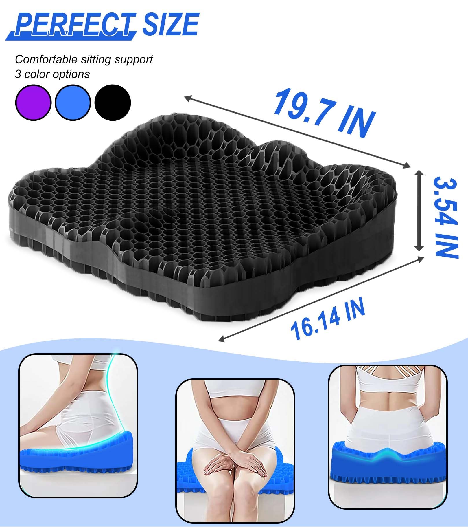 19.7in Thickened Gel Seat Cushion for Office Chair, Wheelchair & Car - Cooling Comfort for Back Pain, Sciatica & Tailbone Relief - Perfect for Long Sitting at Work, Driving or Home Use
