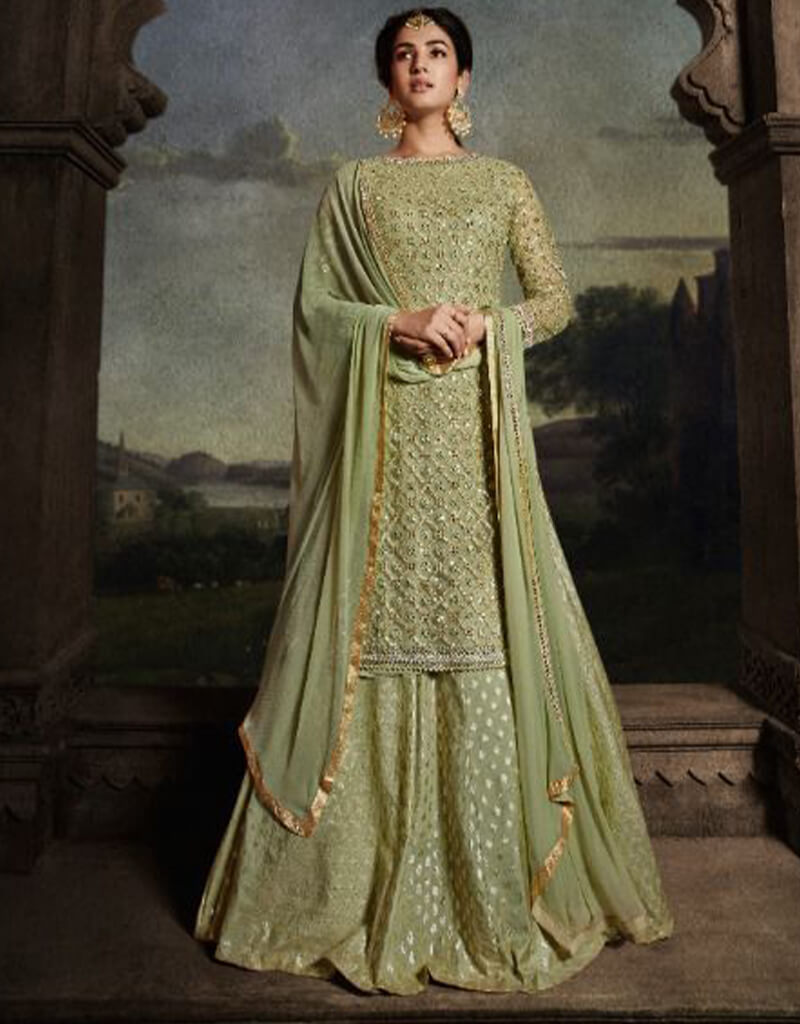 Stylish Army Green Net Lehenga Suit for Women - Traditional Indian Bridal Wear for Weddings & Festive Occasions