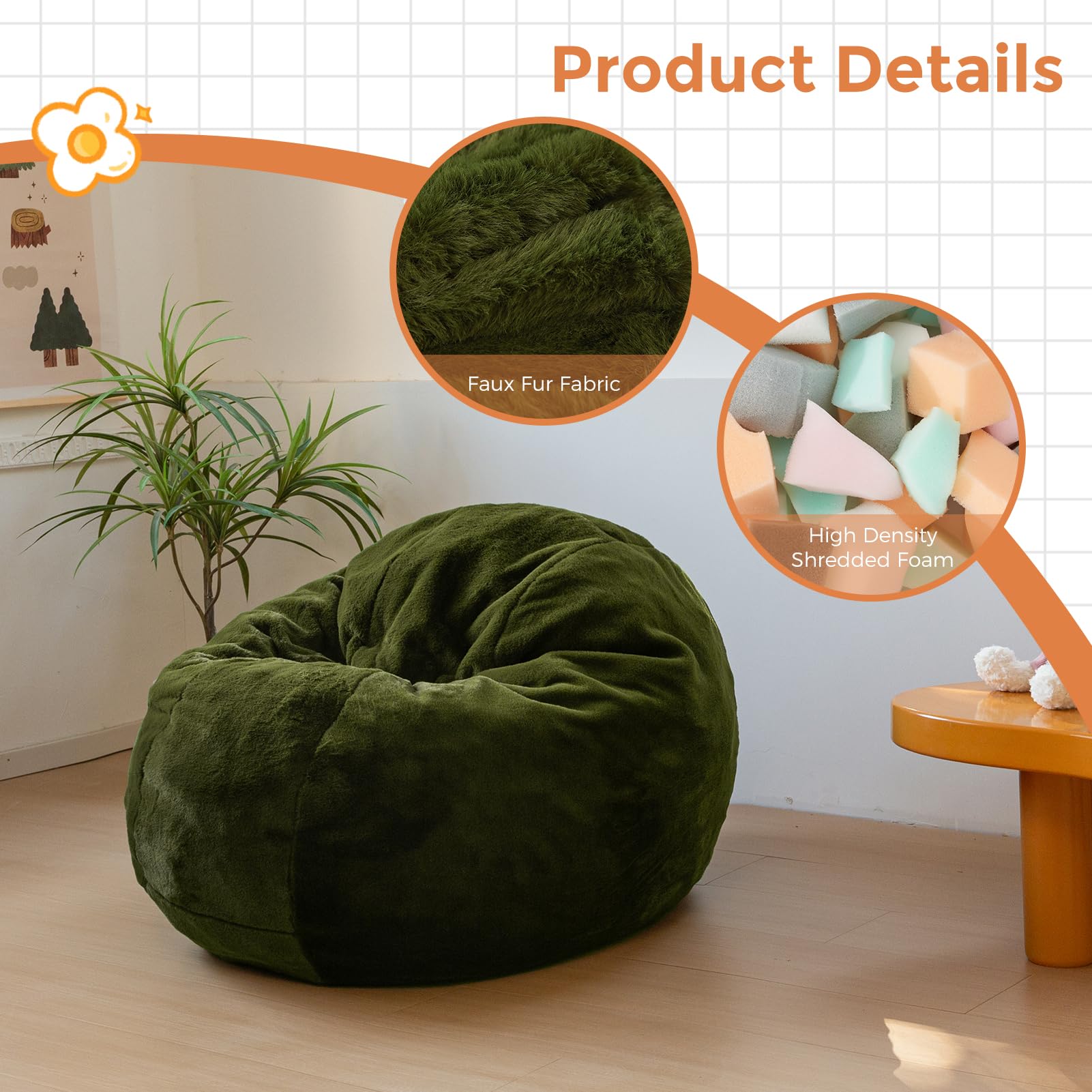 MAXYOYO 3-in-1 Kids Bean Bag Chair Bed - Convertible Faux Fur Round Floor Sofa for Children, Gaming & Reading - Soft Green - Perfect for Playroom, Bedroom & Dorm Decor