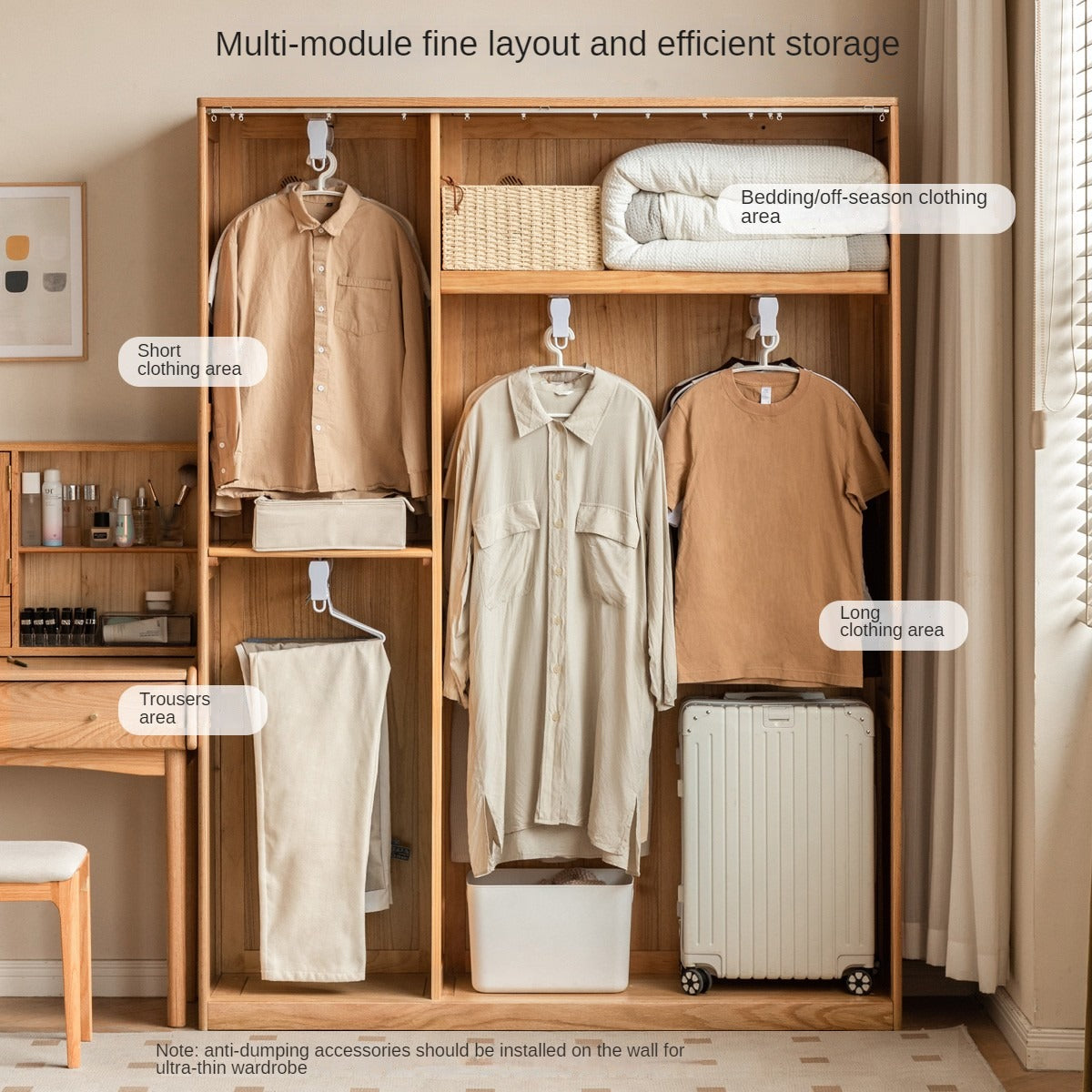 Solid Oak Wood Wardrobe with Thin Fabric Curtain - Stylish Closet Organizer for Bedroom, Living Room & Dorm Storage