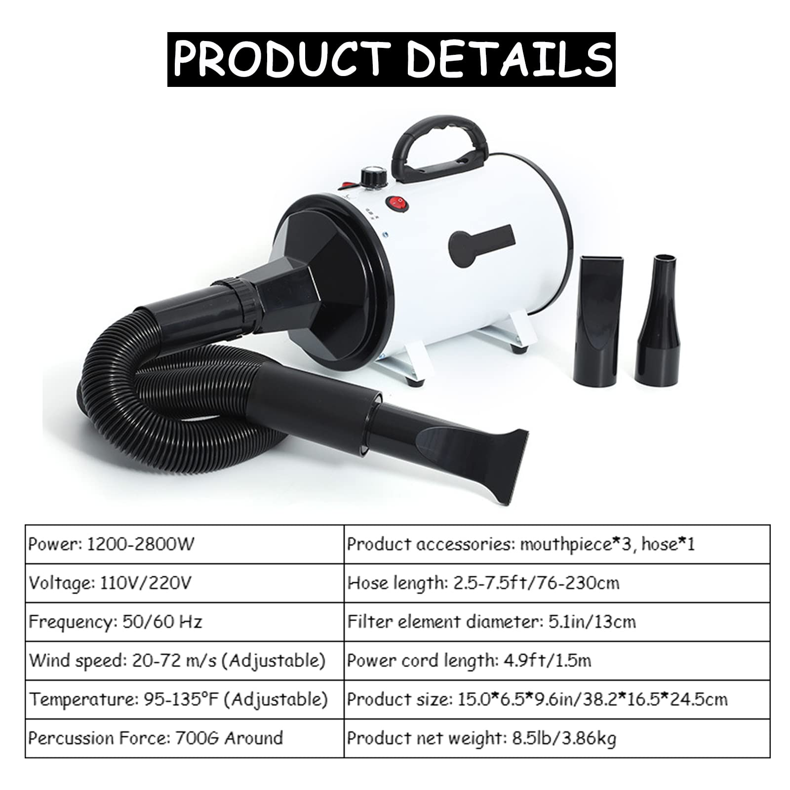 Pet Dryer for Dogs & Cats - High Velocity Grooming Blower with Adjustable Speed & Noise Reduction - Quick Drying After Bath for Small, Medium & Large Pets - Perfect for Home Grooming & Professional Pet Salons