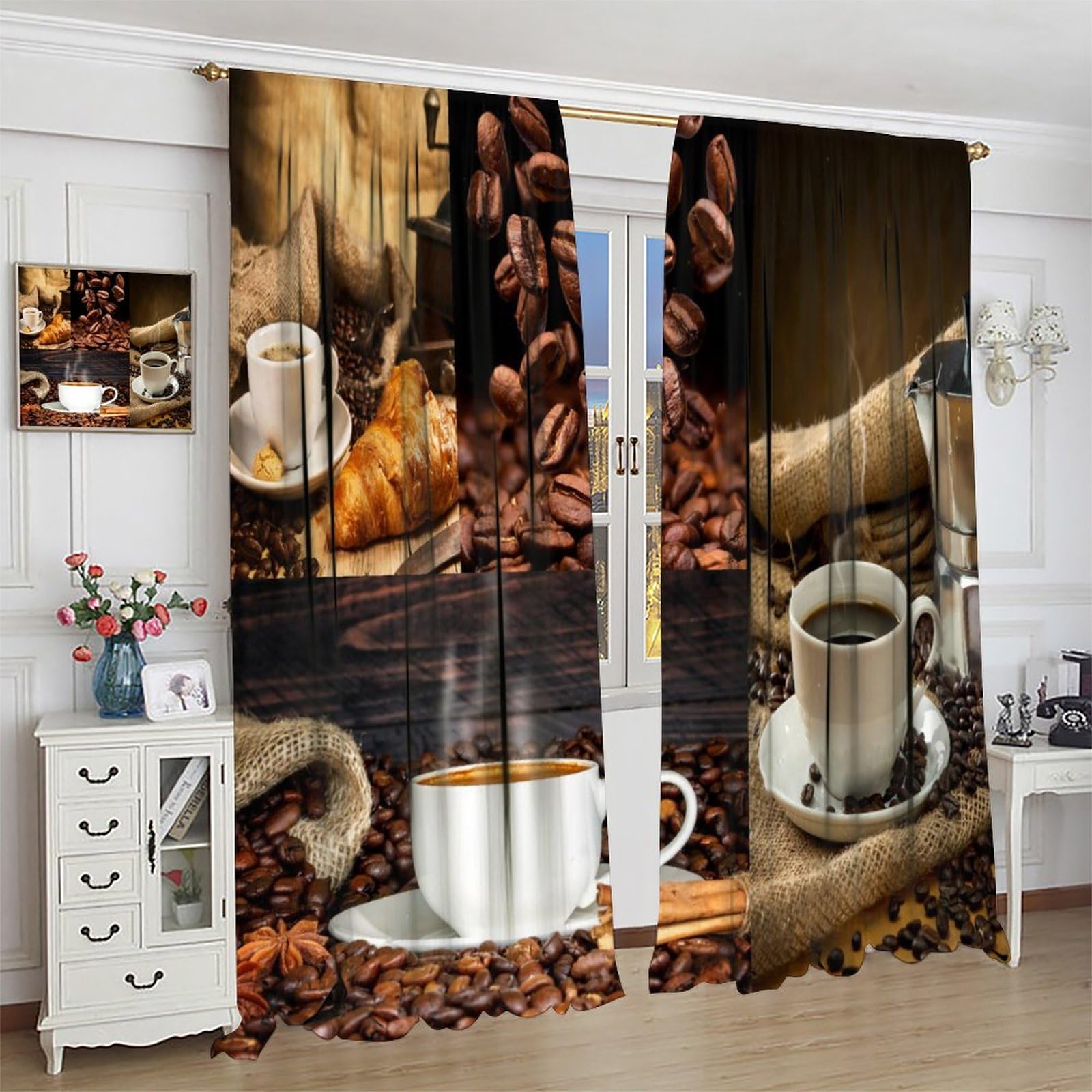 Coffee Kitchen Curtains 42x45in, Coffee Beans Design on Wooden Grunge Background, 2 Panel Window Drapes for Kitchen and Cafe Decor, Perfect for Home and Commercial Use