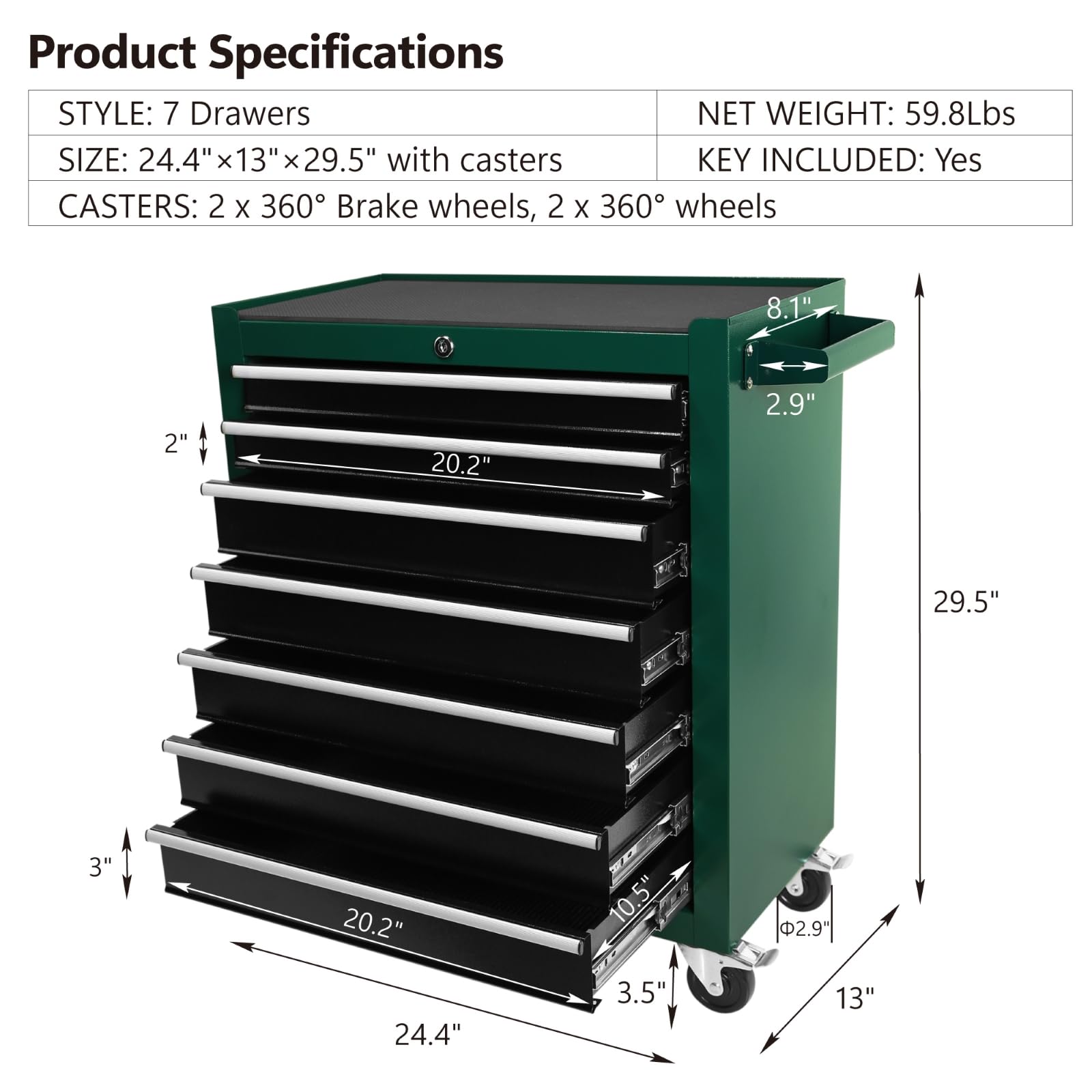 7-Drawer Rolling Tool Chest with Wheels - Heavy Duty Portable Tool Storage Cabinet with Locking System - Multifunctional Garage Workshop Organizer for Mechanics, DIY Enthusiasts & Warehouse Repair Shops (Green) - Perfect for Tool Organization in Home Garages, Professional Workshops & Industrial Settings