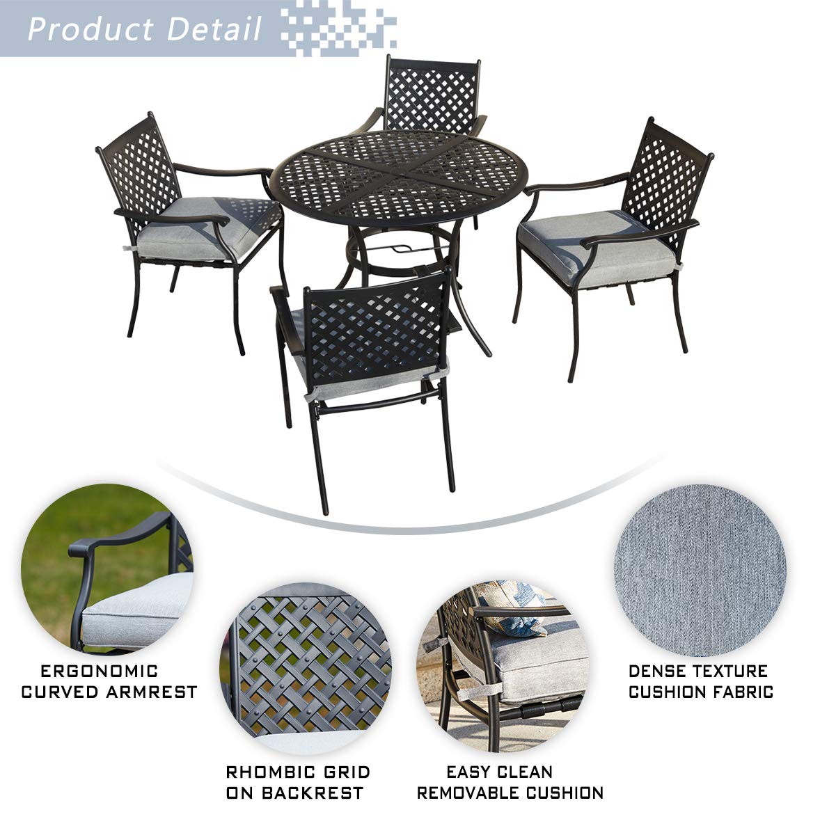 5-Piece Outdoor Patio Dining Set with All-Weather Bistro Chairs & Cushions - Round Metal Table with Umbrella Hole - Perfect for Deck, Lawn, Garden, Poolside & Backyard Entertaining (Black/Grey) | Festival Depot