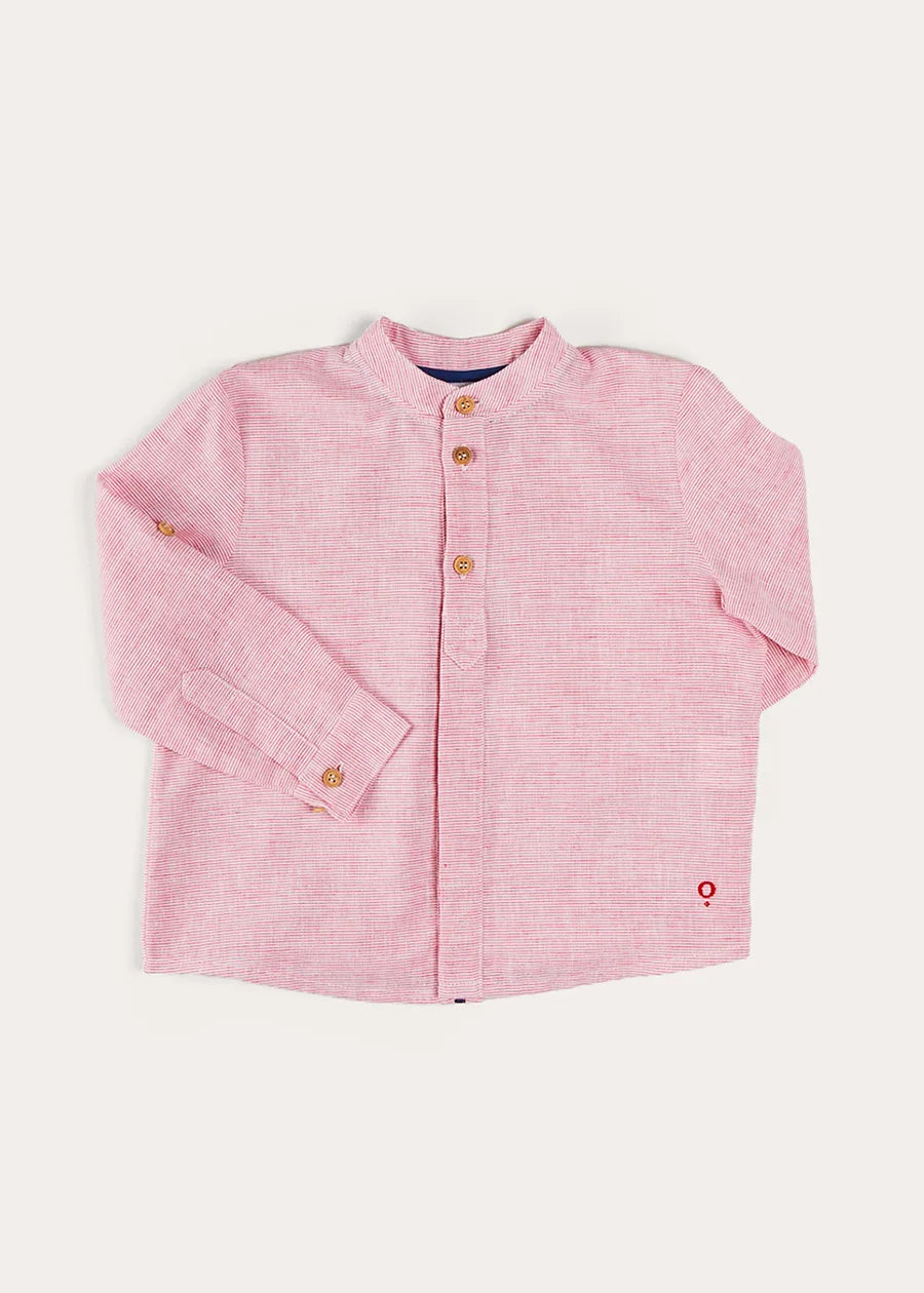 Lawrence Striped Mao Collar Long Sleeve Shirt - Red Cotton Kids Button Down Shirt for Boys & Girls (18 Months to 10 Years) | School Uniform, Family Photos & Holiday Outfits