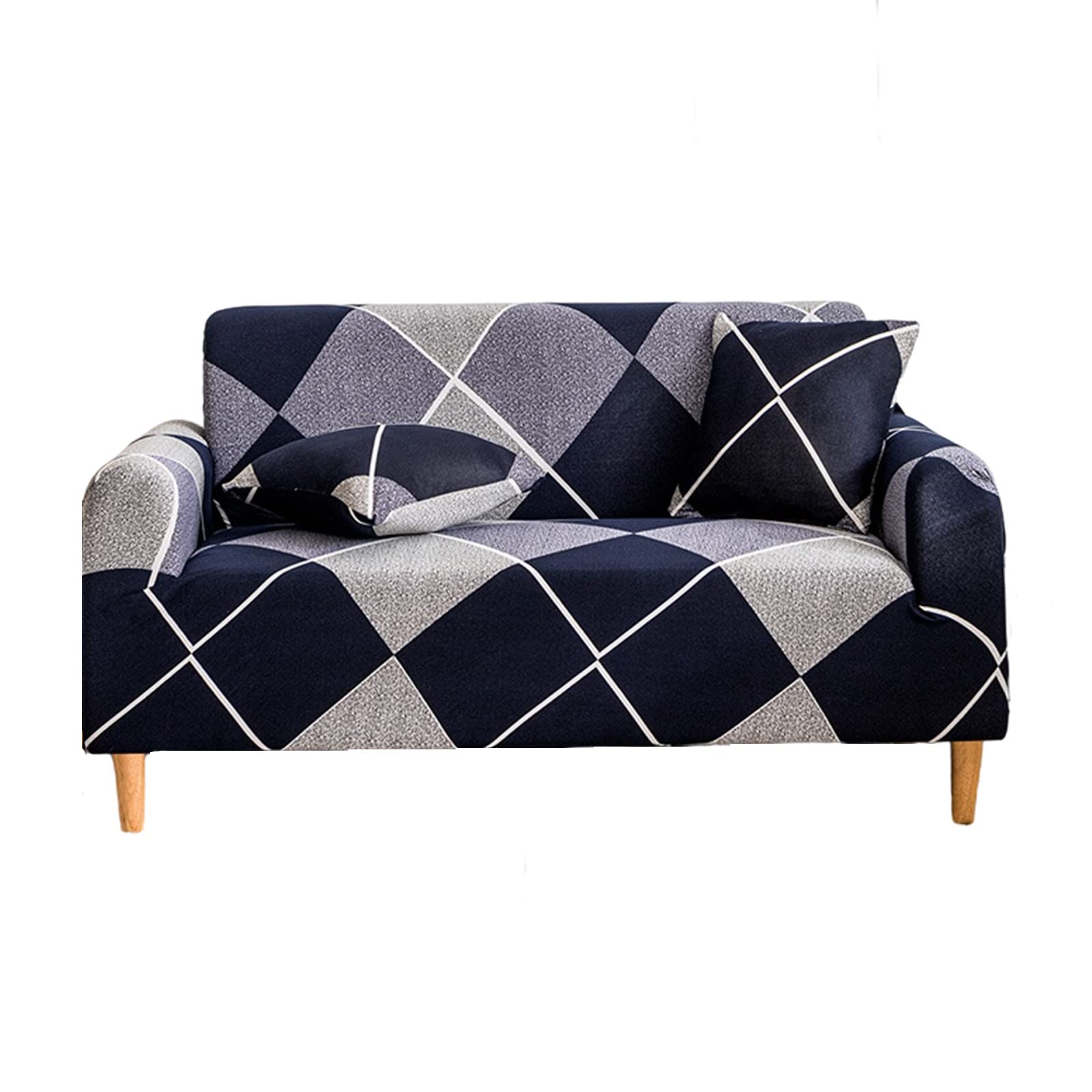 Stretch Sofa Slipcover for 2 Cushion Couch - Printed Washable Furniture Protector with Free Pillow Case (Medium, Black Lattice) | Perfect for Living Room, Loveseat, Sectional Sofa Protection & Home Decor