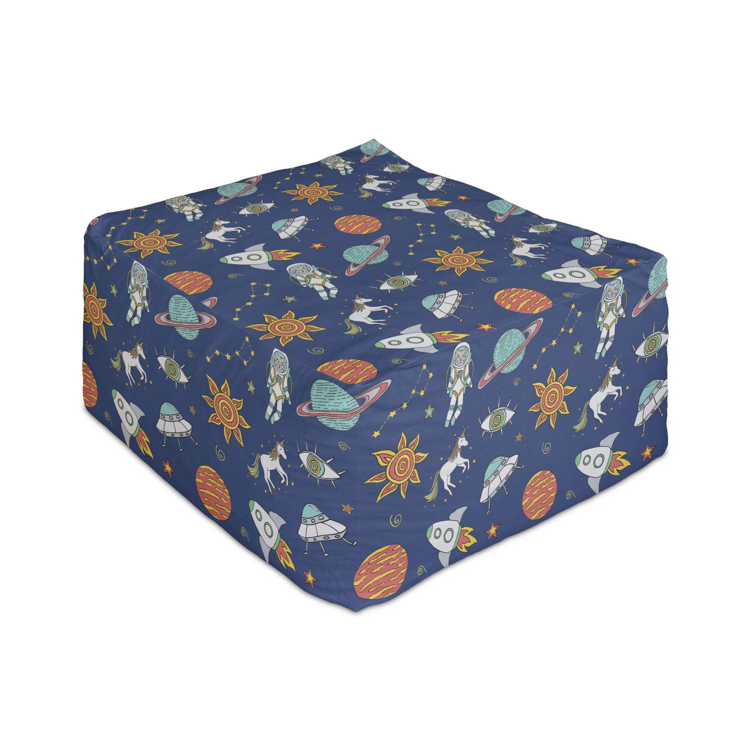 Ambesonne Outer Space Rectangle Pouf Ottoman - Unicorn & Planets UFO Astronaut Constellation Stars Solar System Print - 25