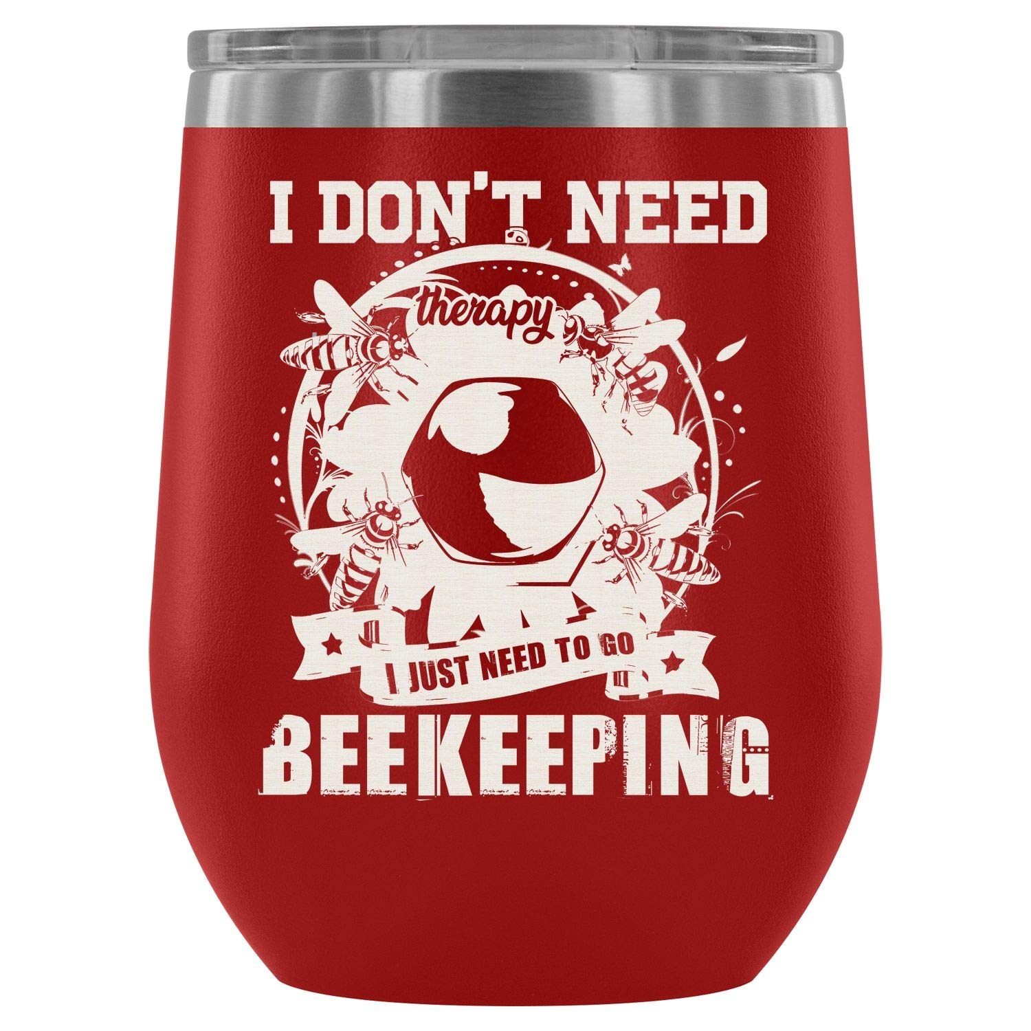 Stainless Steel Stemless Wine Glass Tumbler - 12Oz Vacuum Insulated Wine Cup with Bee Keeper & Therapy Quotes - Perfect for Outdoor Picnics, Parties & Relaxing at Home (Red)