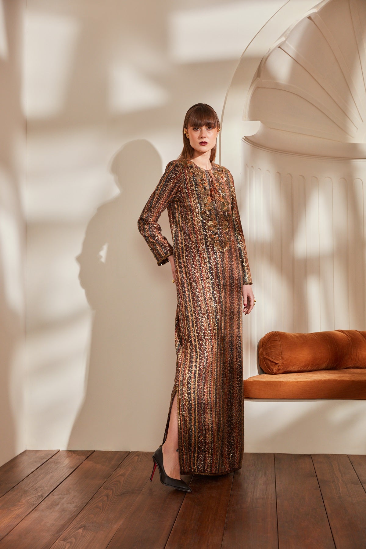Elegant Stripe Print Sheeted Slit Dress with Baroque Hand Embroidery - Perfect for Evening Parties and Special Occasions