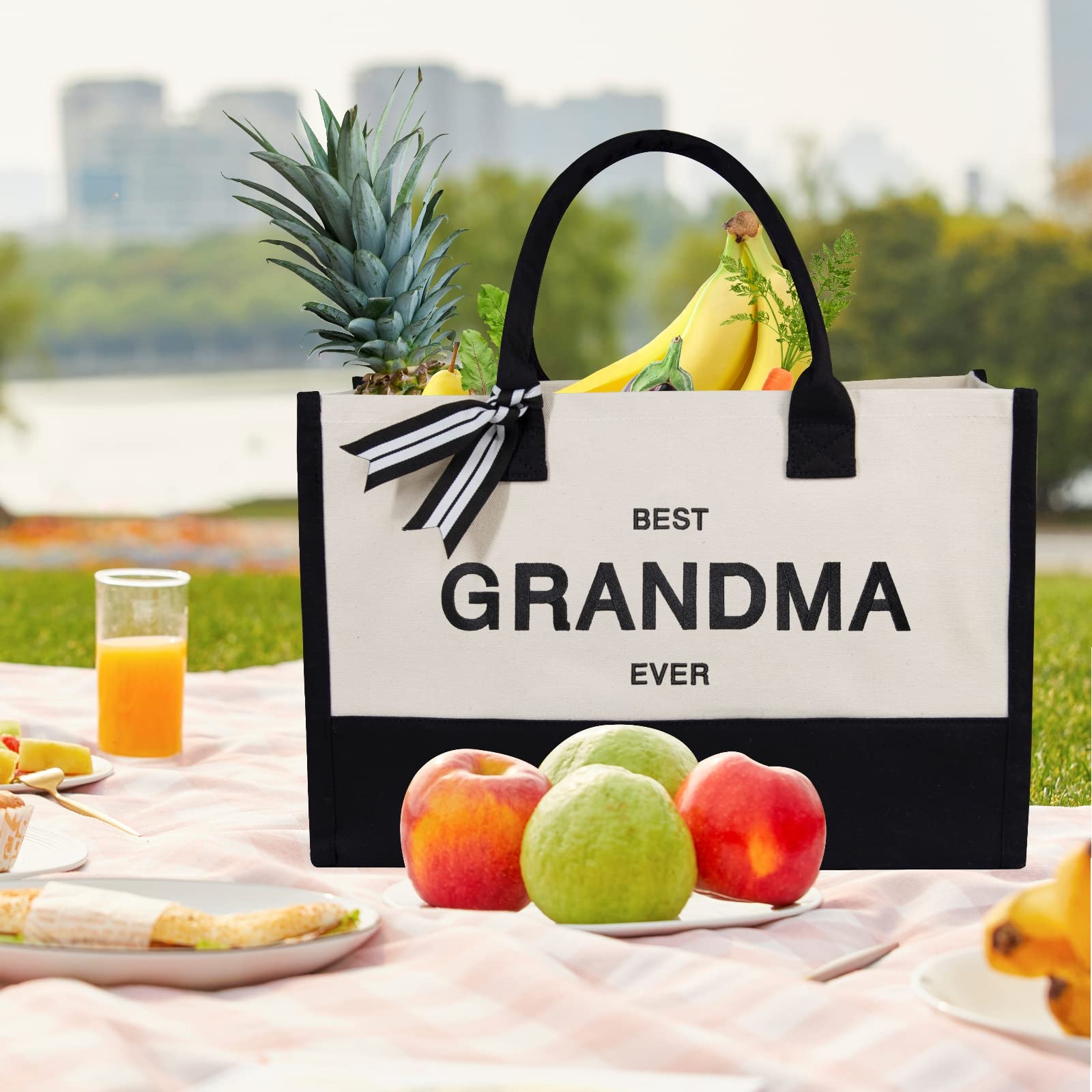 TOPDesign Personalized Embroidery Canvas Tote Bag for Women - Best Grandma Gift from Grandchildren, Granddaughter & Grandson | Birthday & Mother's Day Present | Perfect for Beach Trips, Shopping & Holiday Travel