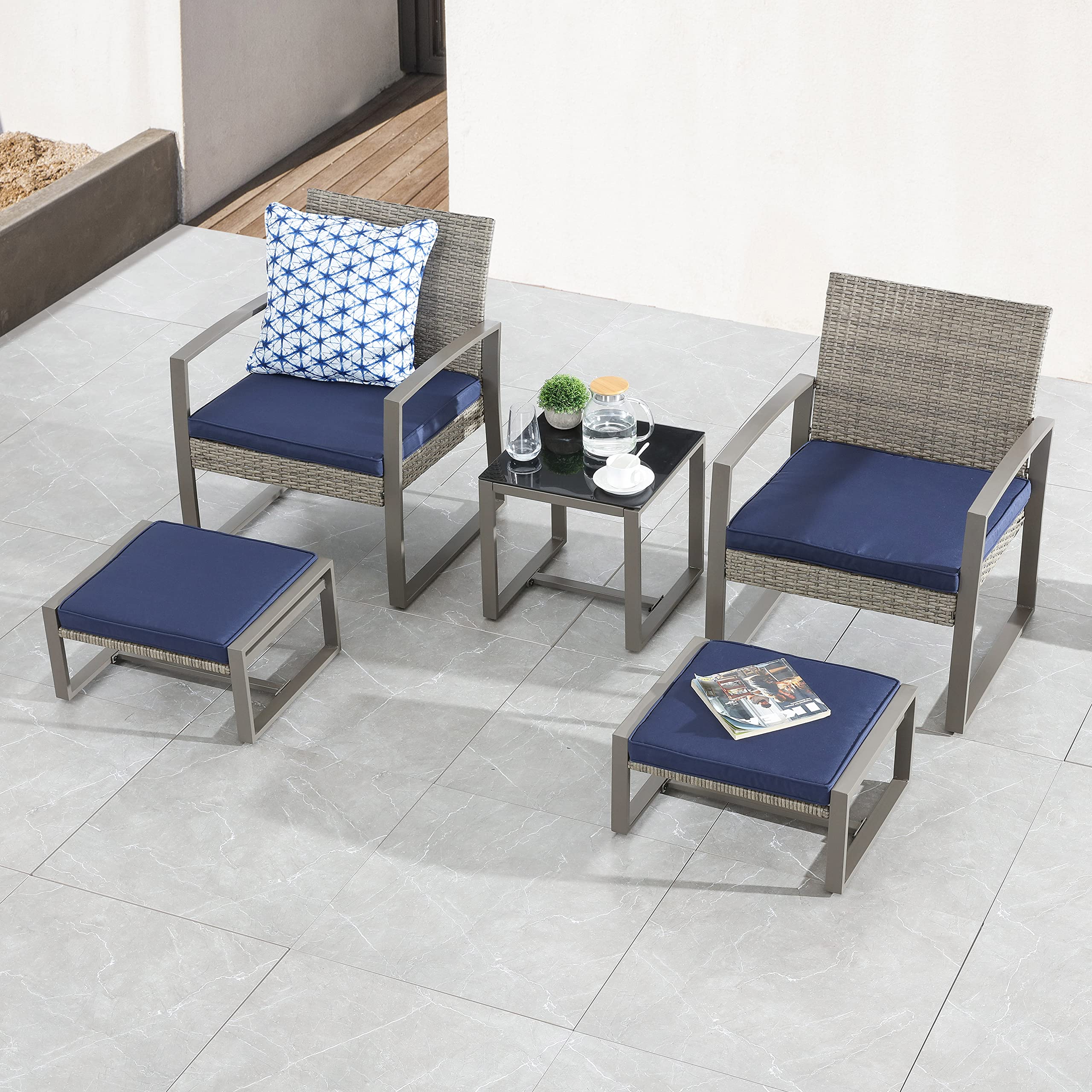 5-Piece All-Weather PE Wicker Patio Furniture Set with Cushioned Chairs, Ottoman & Coffee Table - Outdoor Conversation Set for Balcony, Porch, Backyard (Blue) | Durable & Stylish for Garden Relaxation, Entertaining Guests & Summer Lounging