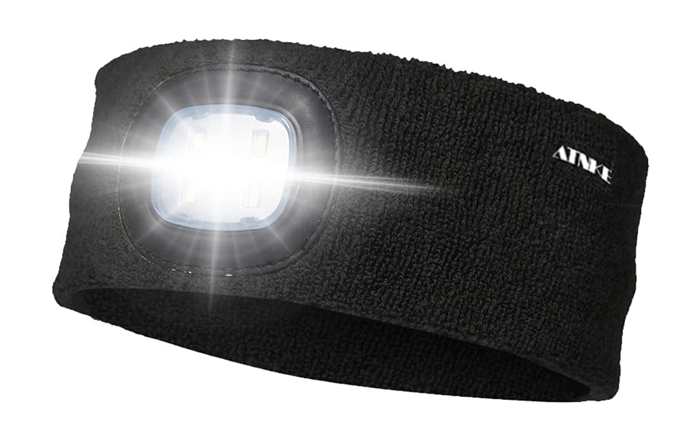 ATNKE USB Rechargeable LED Headlamp Headband - Ultra Bright 4-LED Waterproof Running Light, High Stretch Moisture-Wicking Design for Jogging, Hiking, Camping & Night Activities