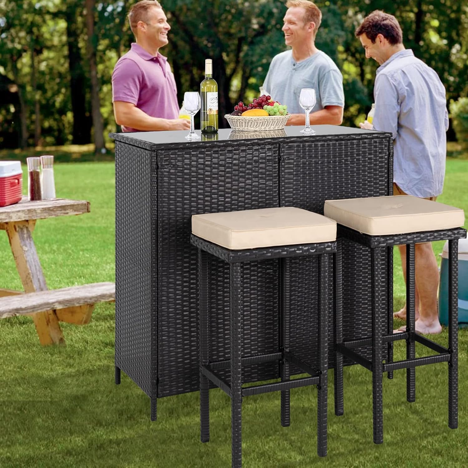 3-Piece Outdoor Bar Set with Rattan Wicker Bar & Stools, Champagne Cushions & 9FT Patio Umbrella - Perfect for Patios, Backyards, Porches, Gardens & Poolside Entertaining