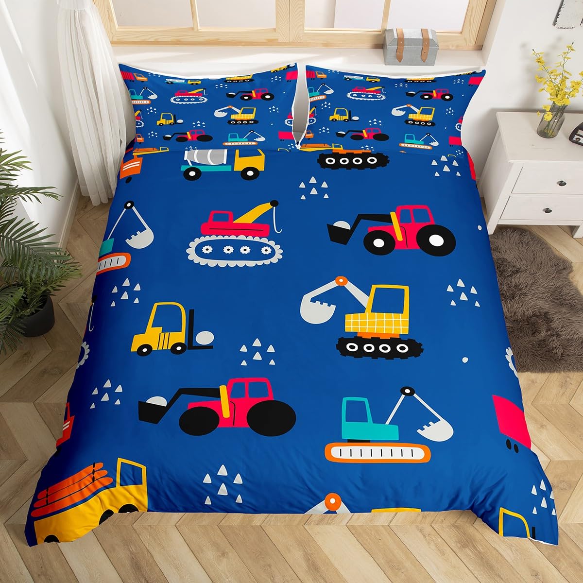 Cartoon Tractor Duvet Cover Twin Size for Boys - Kids Truck Bedding Set with Construction Vehicles (Excavator, Bulldozer) - Navy Blue Comforter Cover for Toddler & Children's Room Decor | Perfect for Nursery, Bedroom & Gift