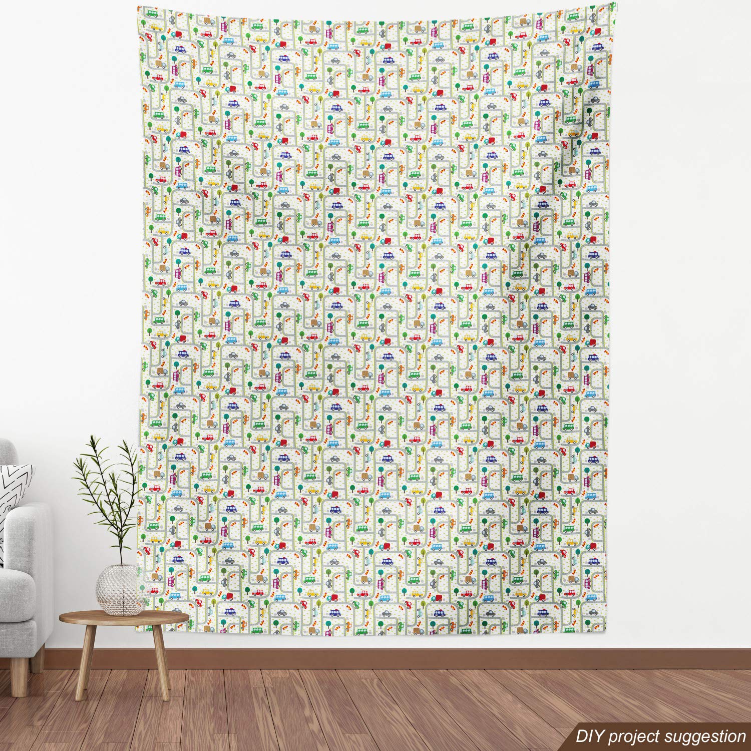Ambesonne Cars Fabric by The Yard - Vibrant Urban Traffic Design with Driving Cars, 10 Yards Gray Green Upholstery Material for Sofa, Curtains & Home Decor | Perfect for DIY Projects, Car Themed Bedrooms & Automotive Decor