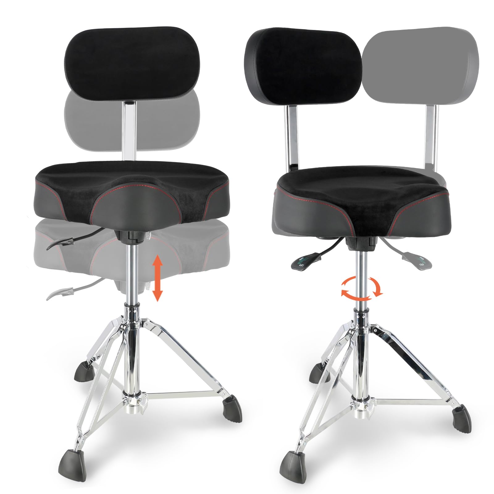 EASTROCK Heavy Duty Adjustable Drum Throne with Backrest - Motorcycle Style Hydraulic Drum Seat for Adult Drummers - Perfect for Drum Practice, Live Performances & Studio Recording (Black)