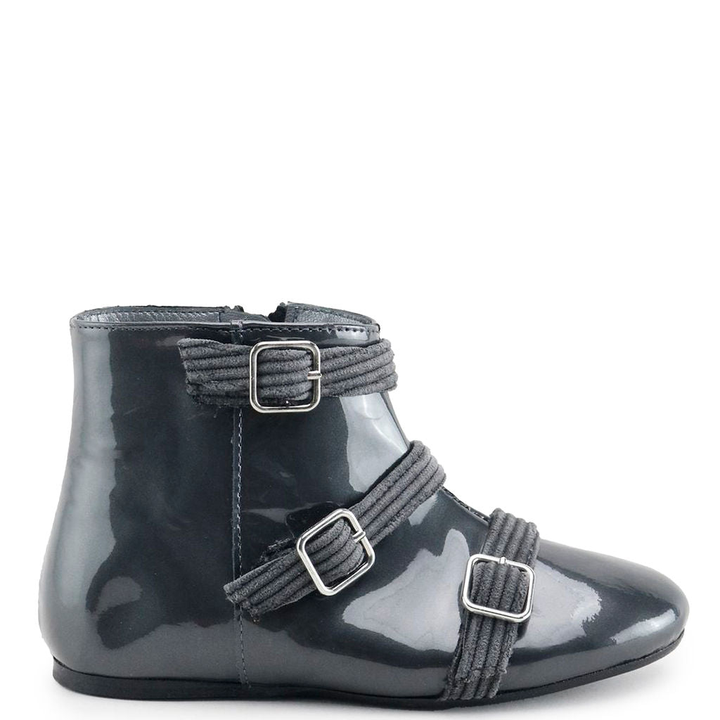 Stylish Gray Patent Leather Buckle Booties for Women - Fashionable Ankle Boots for Casual Outfits, Work & Evening Wear