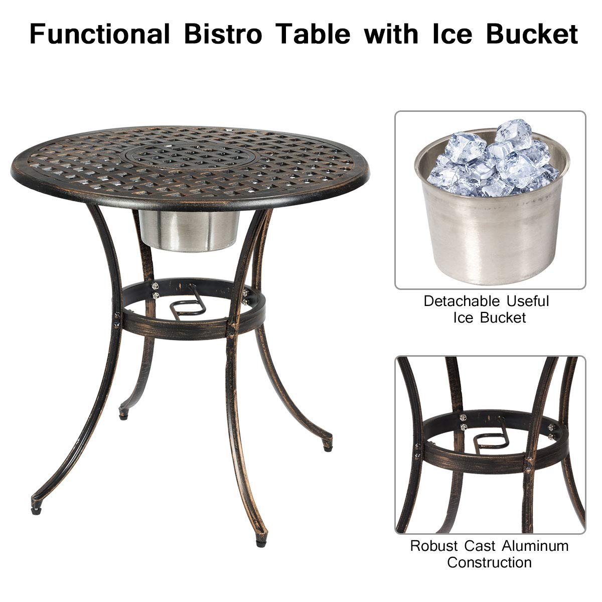 Giantex 3-Piece Outdoor Bistro Set - Cast Aluminum Round Patio Table with Removable Ice Bucket & 2 Chairs - Antique Bronze Weather-Resistant Garden Furniture for Backyard, Poolside & Balcony Relaxation