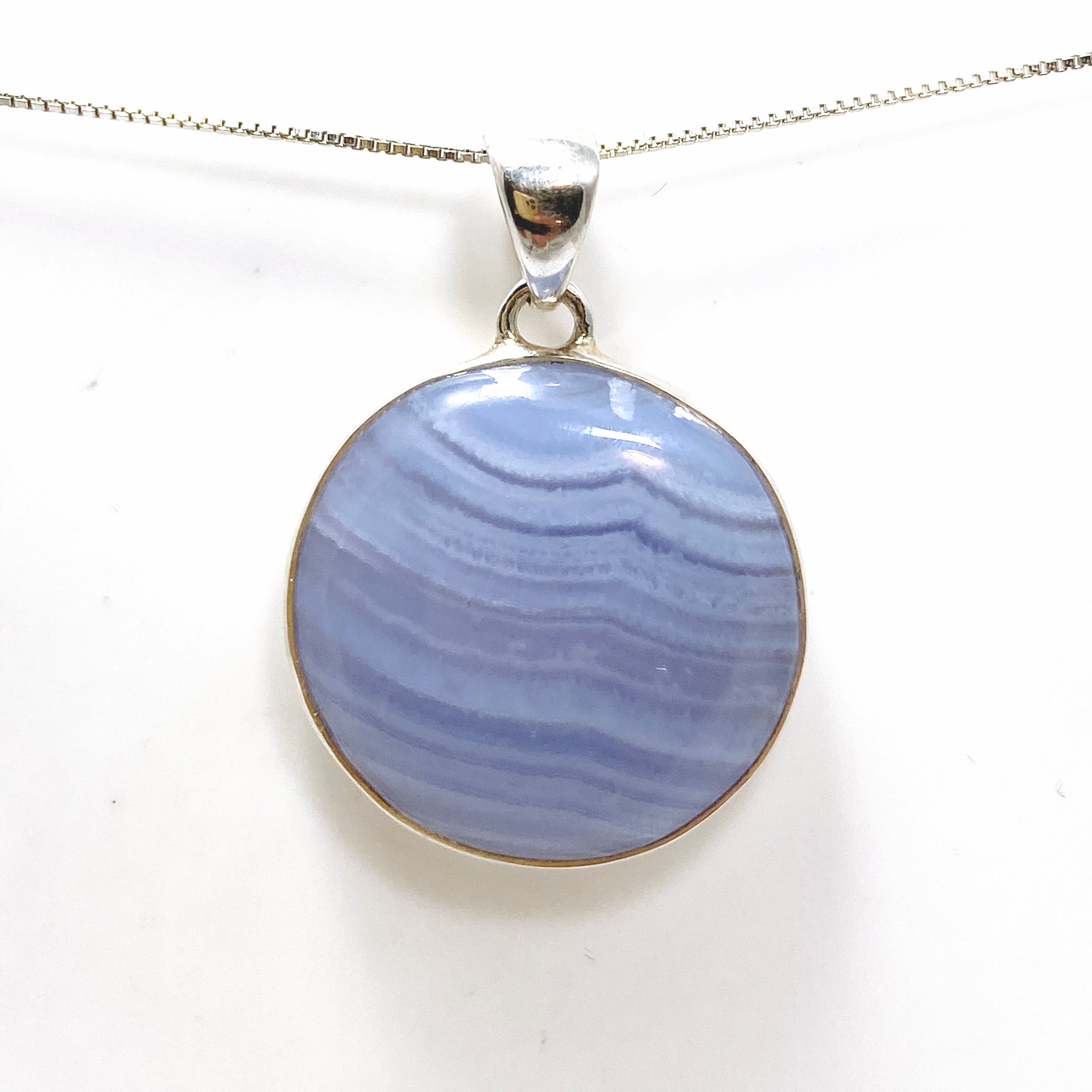 Blue Lace Agate Round Cabochon Pendant KPGJ4817 - Natural Stone Jewelry for Women, Healing Crystal Necklace - Perfect for Meditation, Yoga & Spiritual Gifts