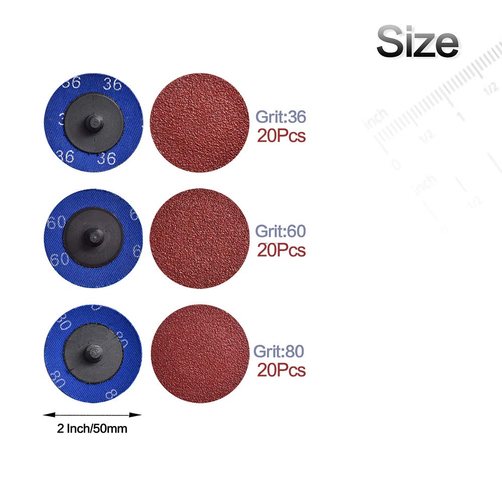 60 Pcs 2 Inch Quick Change Roll Lock Sanding Discs - 36/60/80 Grit Aluminum Oxide Coated - Die Grinder Accessories for Metal, Wood & Surface Preparation - Perfect for DIY Projects, Automotive & Furniture Refinishing