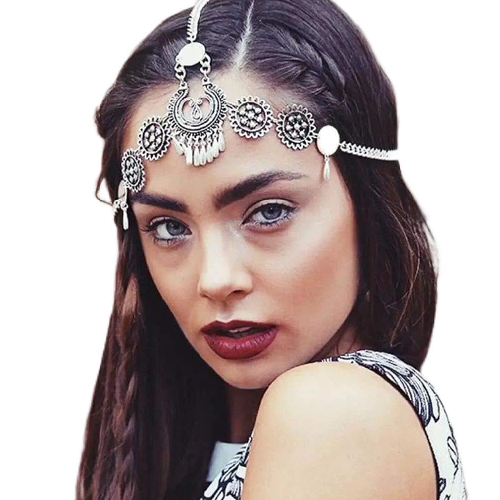 Vintage Flower Head Chain Hair Accessory with Silver Sequin Water Droplets - Boho Festival Hair Jewelry for Women & Girls - Perfect for Music Festivals, Weddings, and Costume Parties