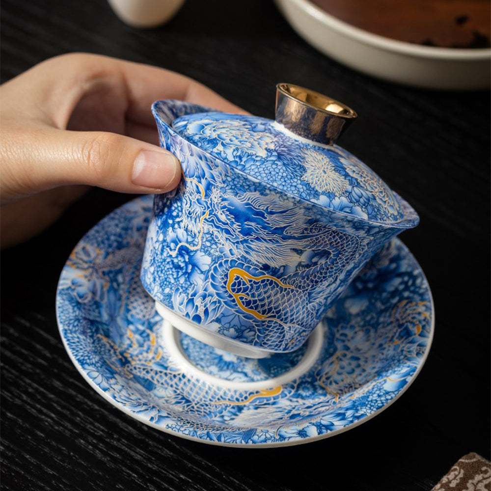 Premium Silver Dragon Enamel Porcelain Gaiwan - Traditional Chinese Tea Set for Gongfu Tea Ceremony, Perfect for Home Brewing & Tea Lovers