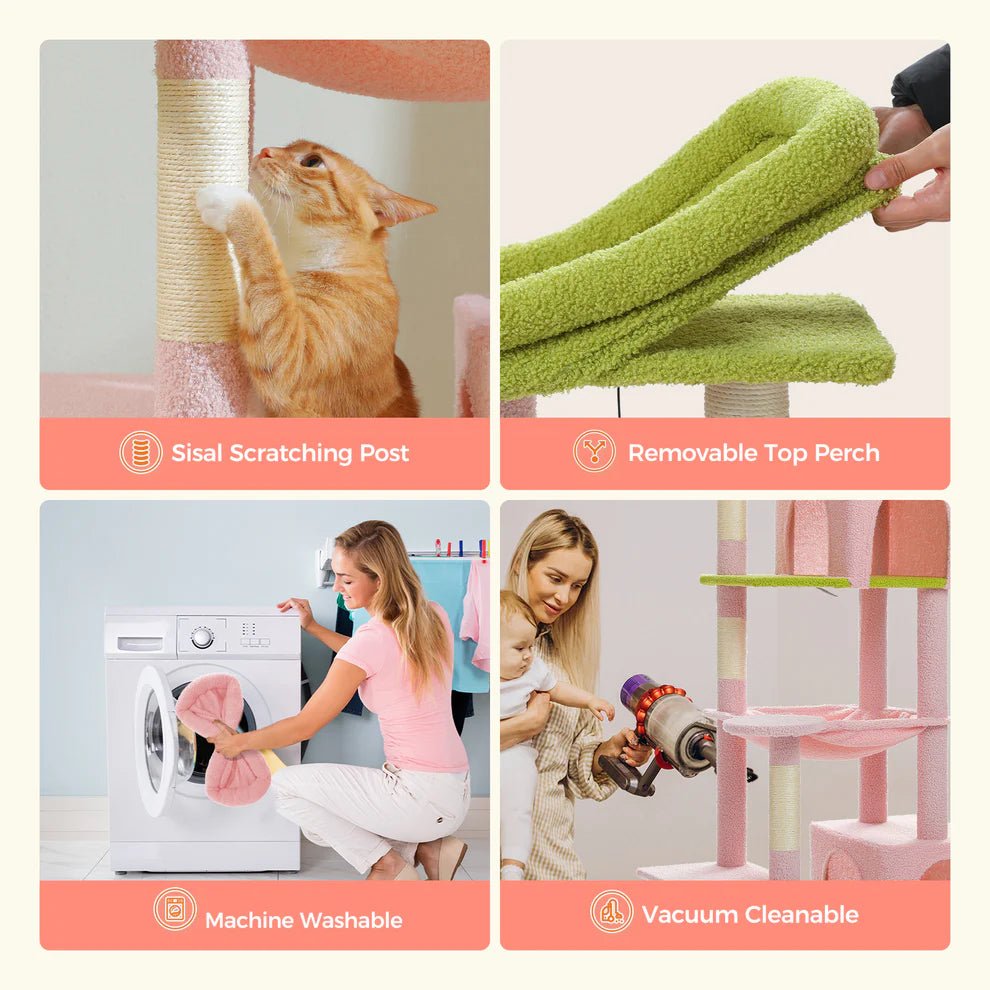7-Level Cat Tree Tower with Scratching Posts & Condo - 175cm Tall in Pink or Green - Perfect for Indoor Cat Play & Climbing