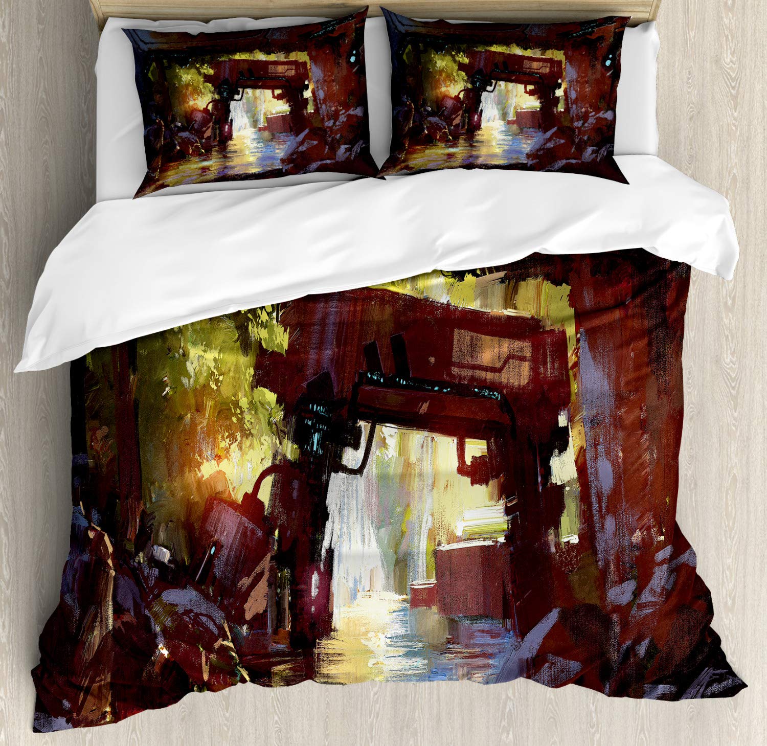 Ambesonne Industrial Duvet Cover Set - Watercolor Futuristic Forest with Vintage Machinery & Waterfall Design | 3-Piece Bedding Set with 2 Pillow Shams | California King Size | Multicolor Artwork | Perfect for Modern, Rustic or Industrial Bedroom Decor