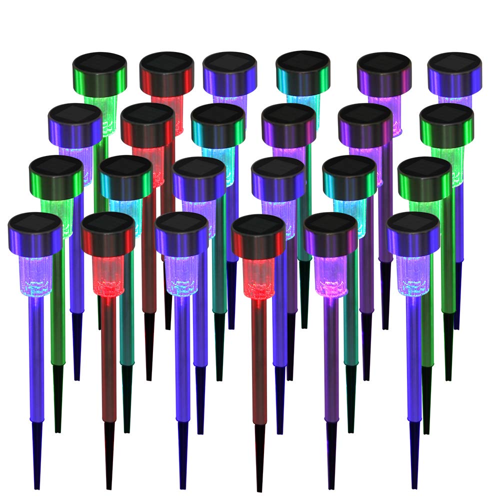 24 Pack Solar Powered Outdoor Lights - Waterproof Stainless Steel LED Solar Garden Lights for Pathway, Patio, Yard (7 Color Changing) - Perfect for Landscape Lighting, Driveway, Walkway & Backyard Decor