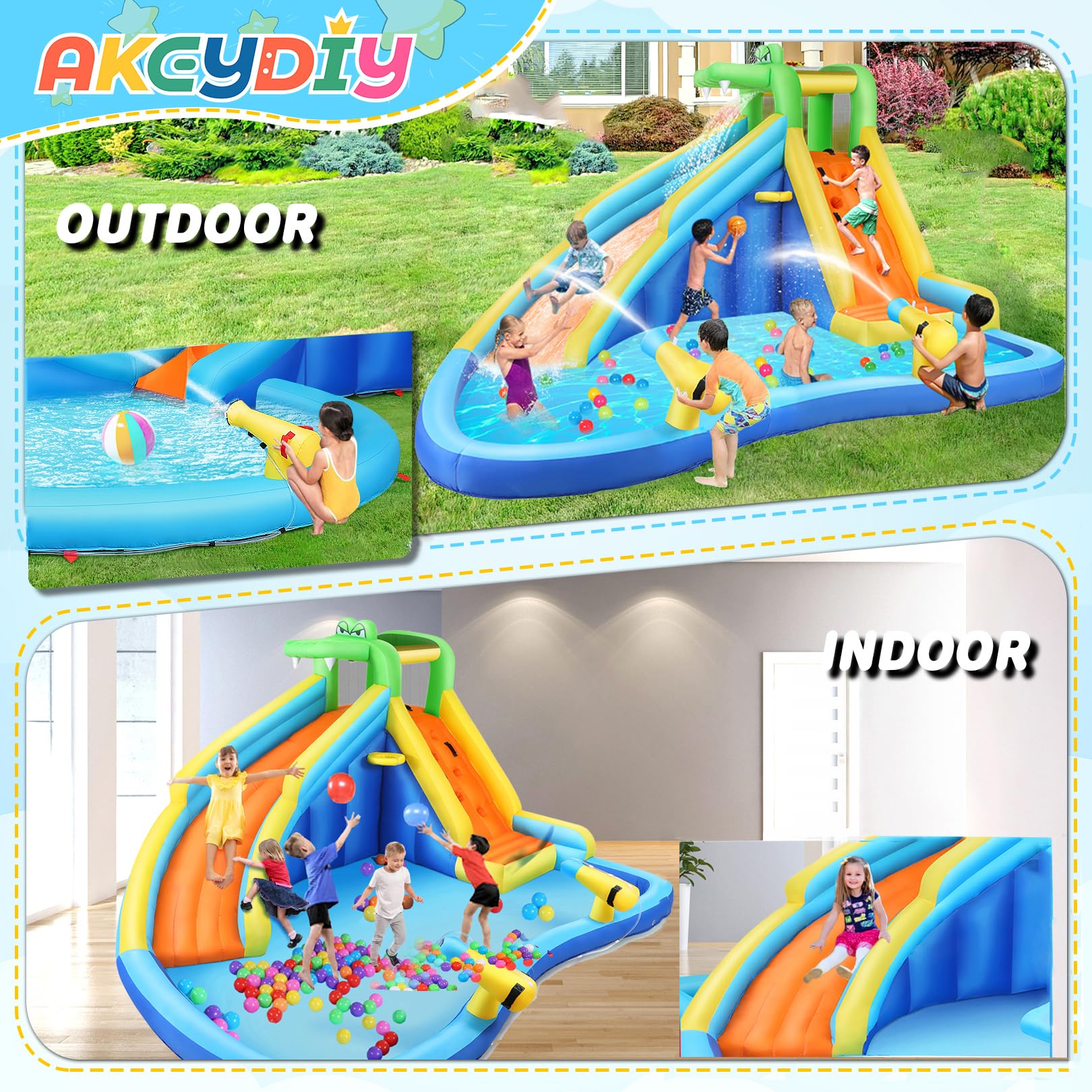**AKEYDIY Inflatable Water Slide Park with Splash Pool, Water Gun, Ball Shooting & Climbing Wall - Kids Bounce House for Backyard, Summer Parties & Outdoor Fun**    *(Perfect for Birthdays, Family Gatherings, and Summer Water Play!)*