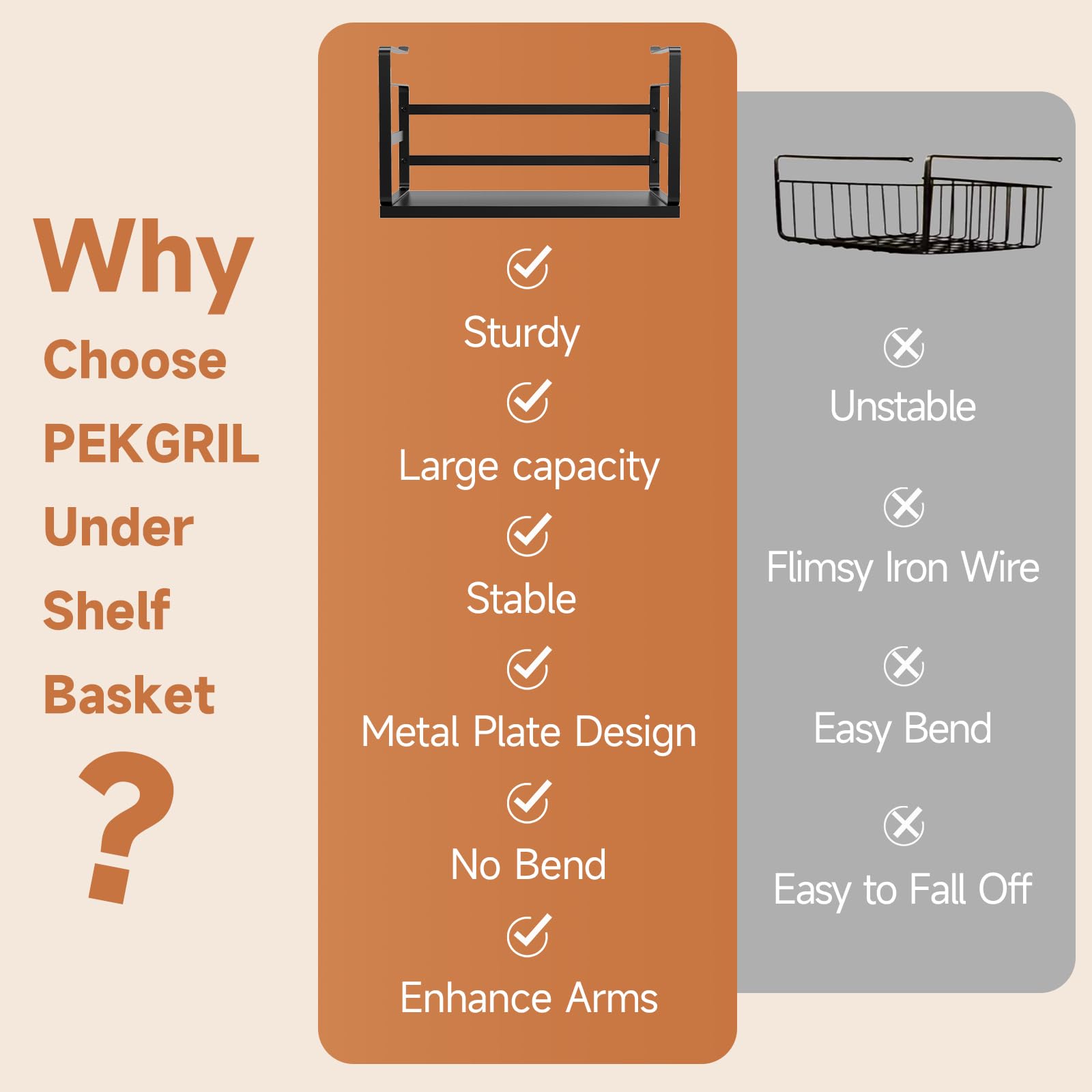 PEKGRIL 2 Pack Large Under Shelf Baskets - Heavy Duty Metal Slide-in Hanging Storage Organizer for Kitchen, Pantry, Office, Bathroom | Space Saving Cabinet & Shelf Organizer for Spices, Books, Toiletries & More