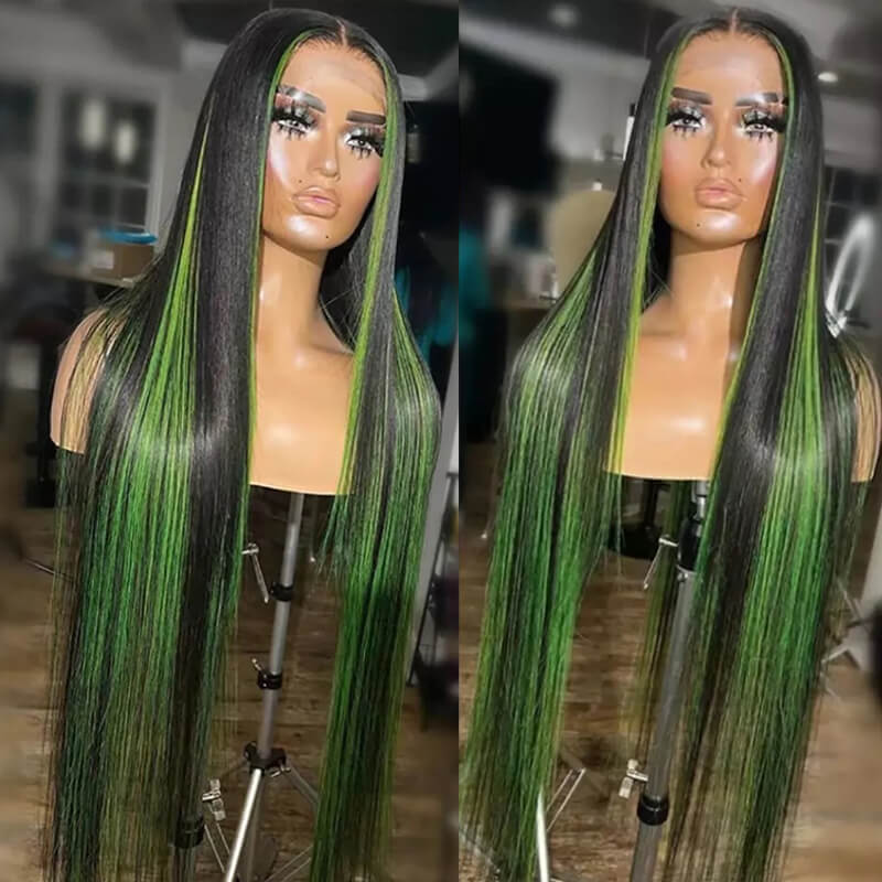 Eullair Red Blue Green Balayage Highlight Straight Lace Frontal Wig for Women - Peekaboo Highlights Human Hair Wig for Daily Wear & Cosplay