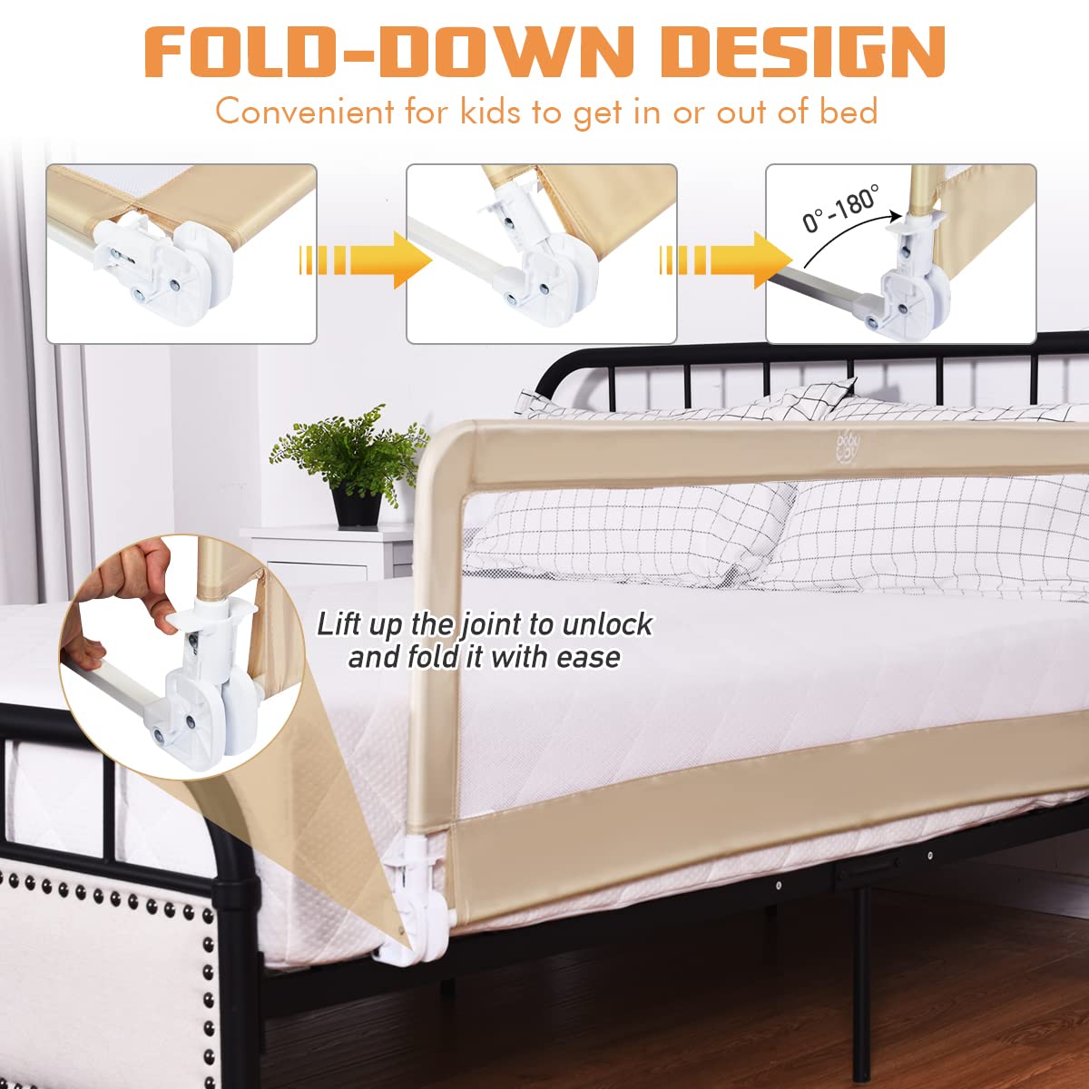 Costzon 2-Pack Extra Long Swing Down Bed Rails for Toddlers - 59-Inch Safety Bed Guards with Straps for Convertible Crib, Twin, Full, Queen & King Size Beds - Foldable Baby Bed Rail for Kids (Beige) | Perfect for Toddler Transition, Child Safety & Peace of Mind