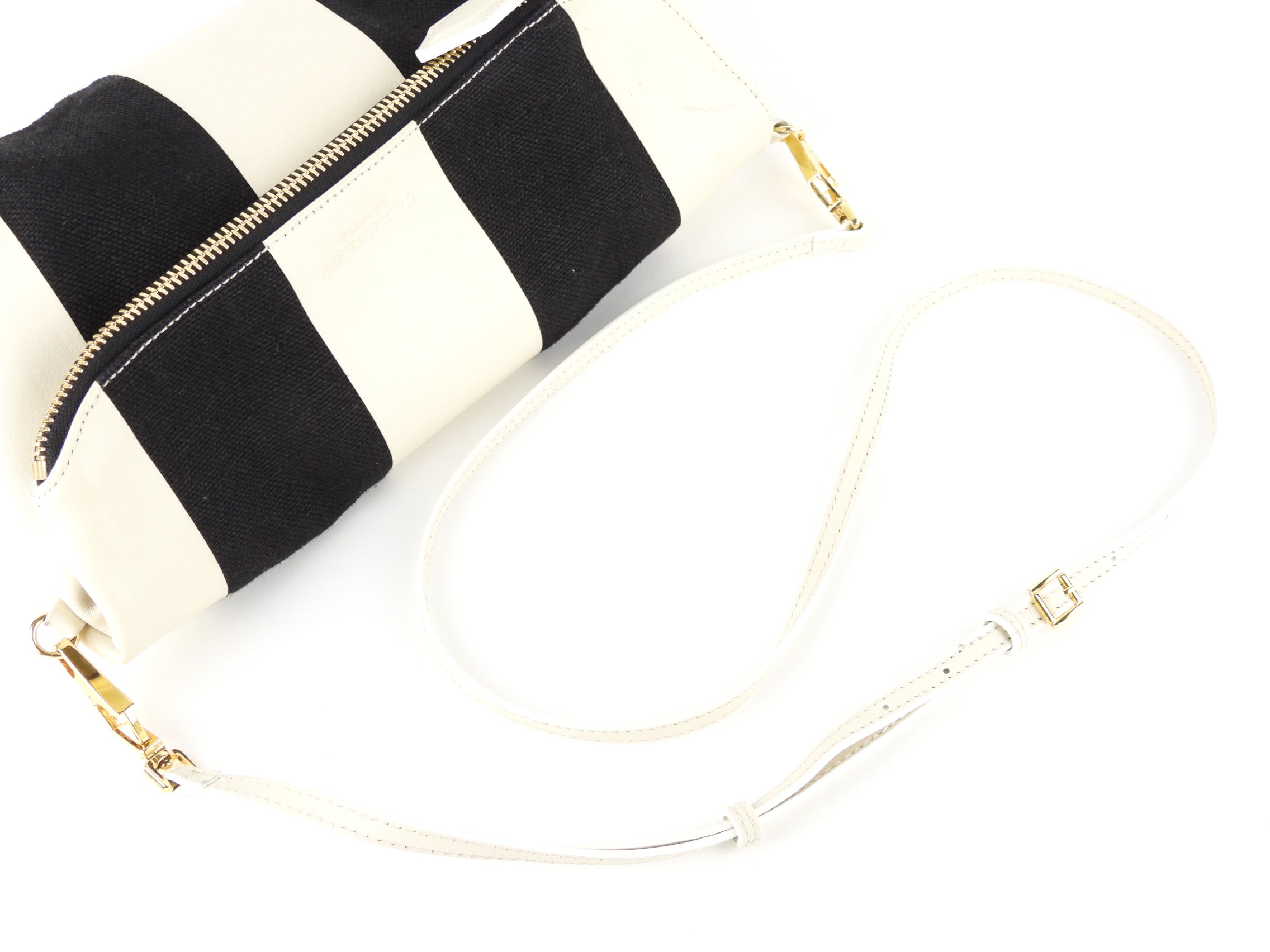 Burberry Prorsum Black & White Striped Coated Canvas Zip Pouch with Adjustable Strap - Luxury Crossbody Bag for Women, Perfect for Travel & Everyday Essentials