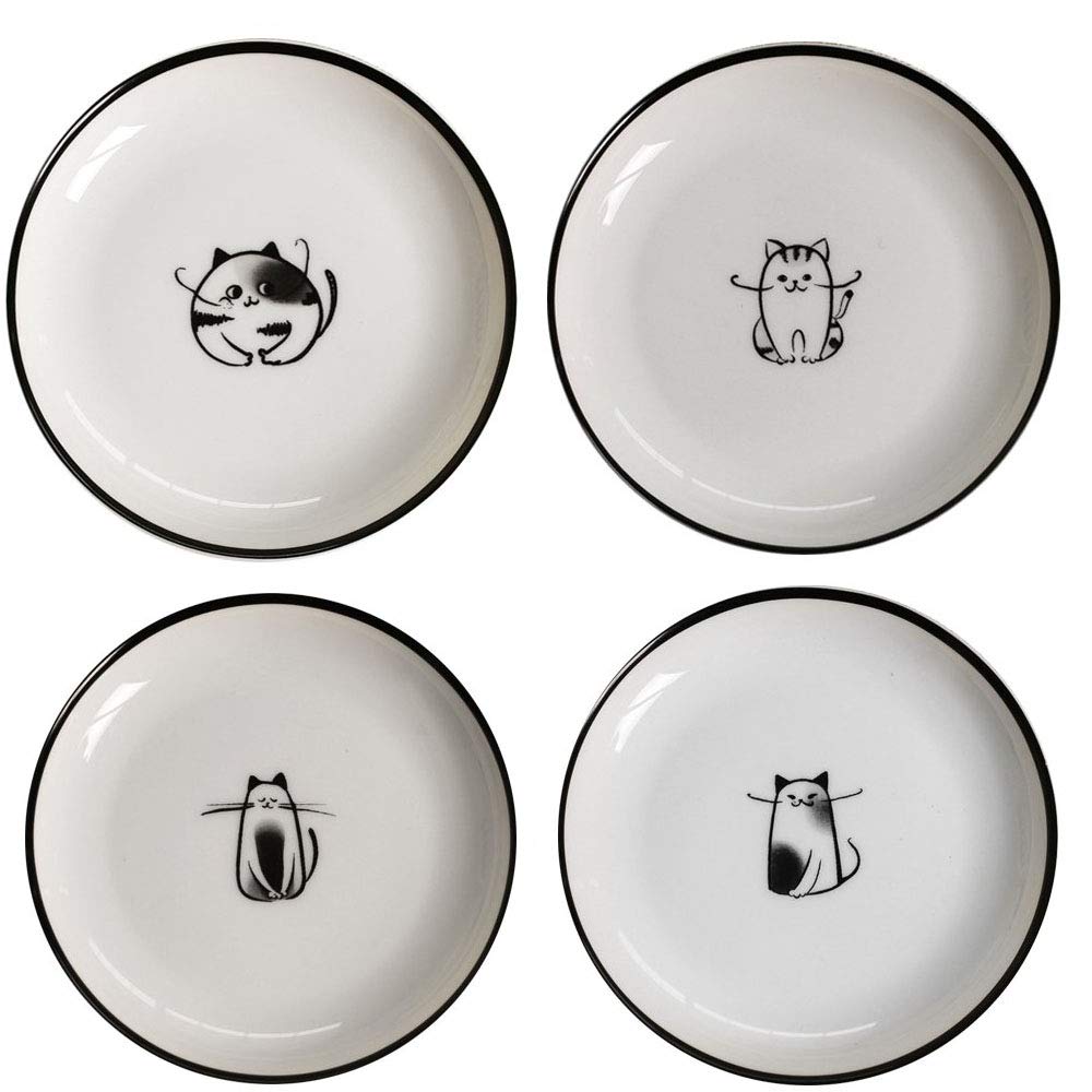 Premium Ceramic Cat-Shaped Side Sauce Dishes - Set of 4 | Sushi Soy Sauce Dipping Bowls, Cookie Serving Plates, Tea Bag Holders | Perfect for Japanese Cuisine, Tea Parties & Home Decor