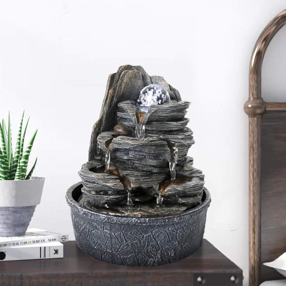 Zen Meditation Tabletop Fountain with LED Lights & Crystal Ball - 9.4