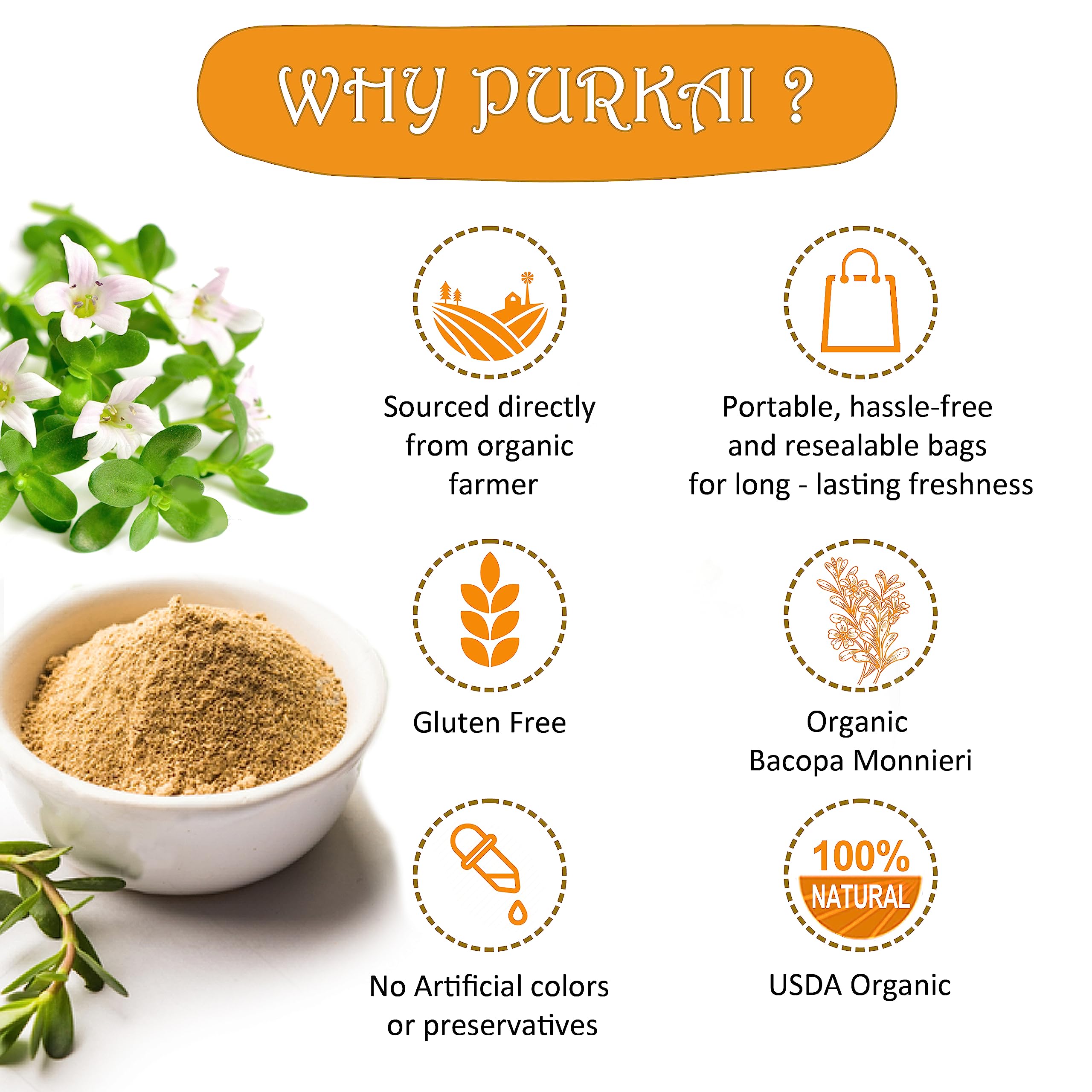 PURKAI - 100% Organic Brahmi Powder (Bacopa Monnieri) | Natural Stress Relief & Anxiety Support | Hair Growth & Scalp Care Supplement | Perfect for Meditation, Study Focus & Ayurvedic Wellness Routines
