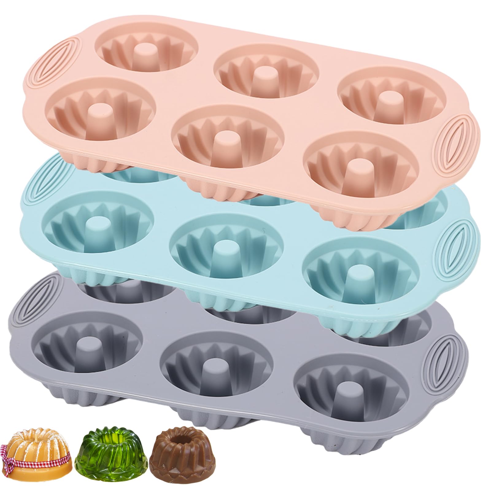 Non-Stick Silicone Mini Bundt Cake Pan Set - 3 Pack (6-Cavity Fluted Tube Molds in Pink, Blue & Gray) for Baking Perfect Bundtlettes, Cupcakes & Desserts - Ideal for Holidays, Parties & Home Baking