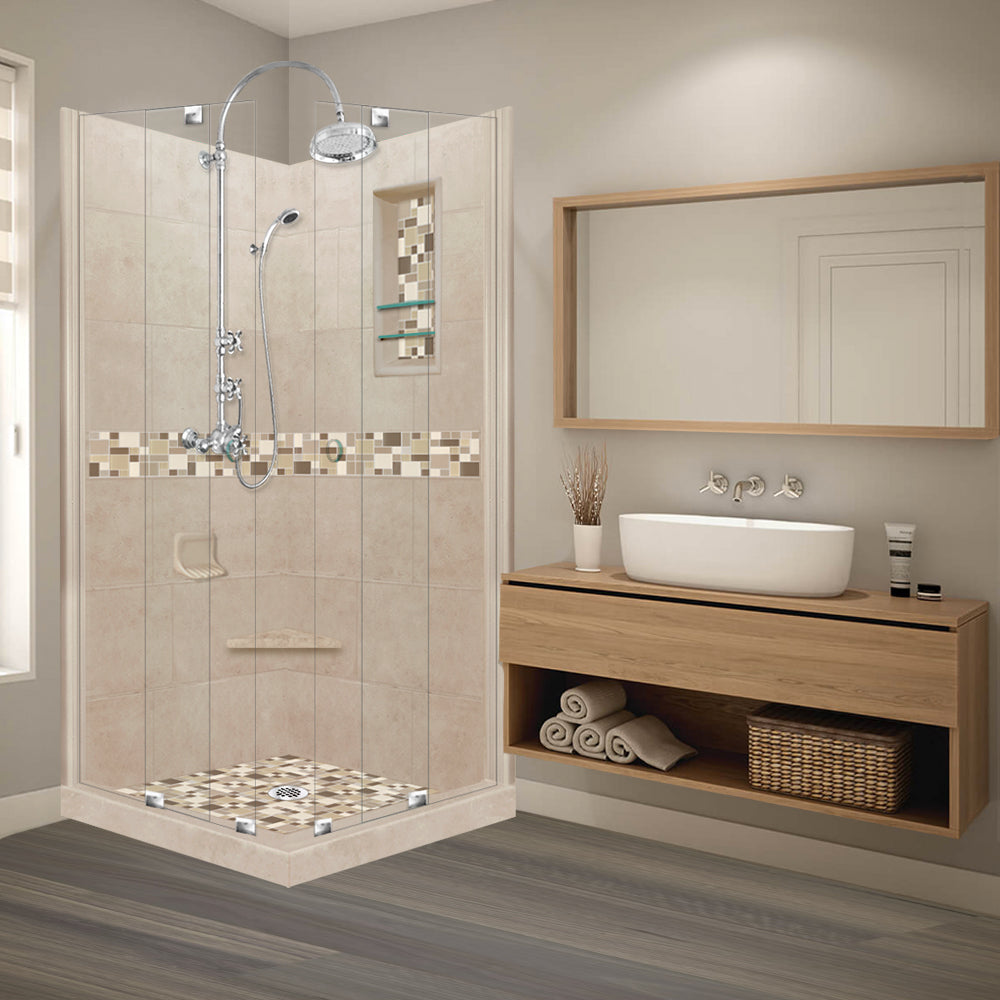 DIY Shower Remodel Kit - Corner Brown Sugar Sistine Stone & Tuscany Mosaic Accent Tile for Bathroom Renovation | Waterproof Peel-and-Stick Backsplash | Easy Installation for Showers, Bathtubs & Kitchen Walls