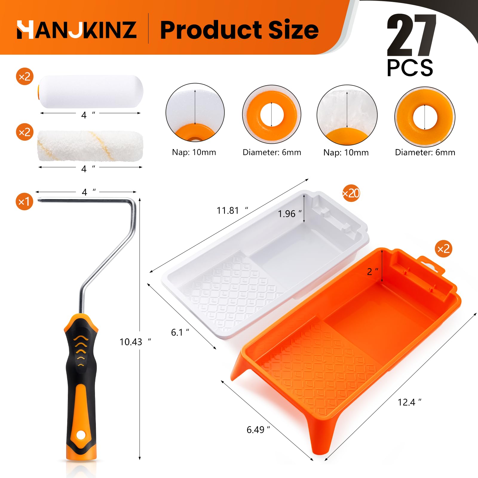 27 Pack Paint Tray Kit - 4 Inch Small Plastic Paint Tray with 20 Disposable Liners | Thickened Light Orange Paint Roller Tray Liners for Home Painting, DIY Projects & Professional Use