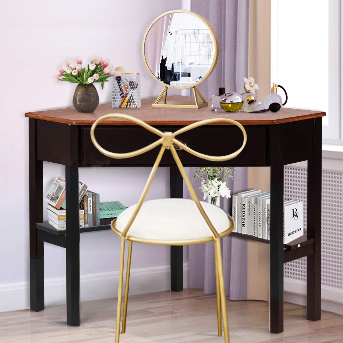 Tangkula 90-Degree Corner Desk with Drawer & Storage Shelves - Compact Computer Desk for Small Spaces, Home Office & Makeup Vanity (Coffee & Black) - Perfect for Apartments, Dorms & Workspaces