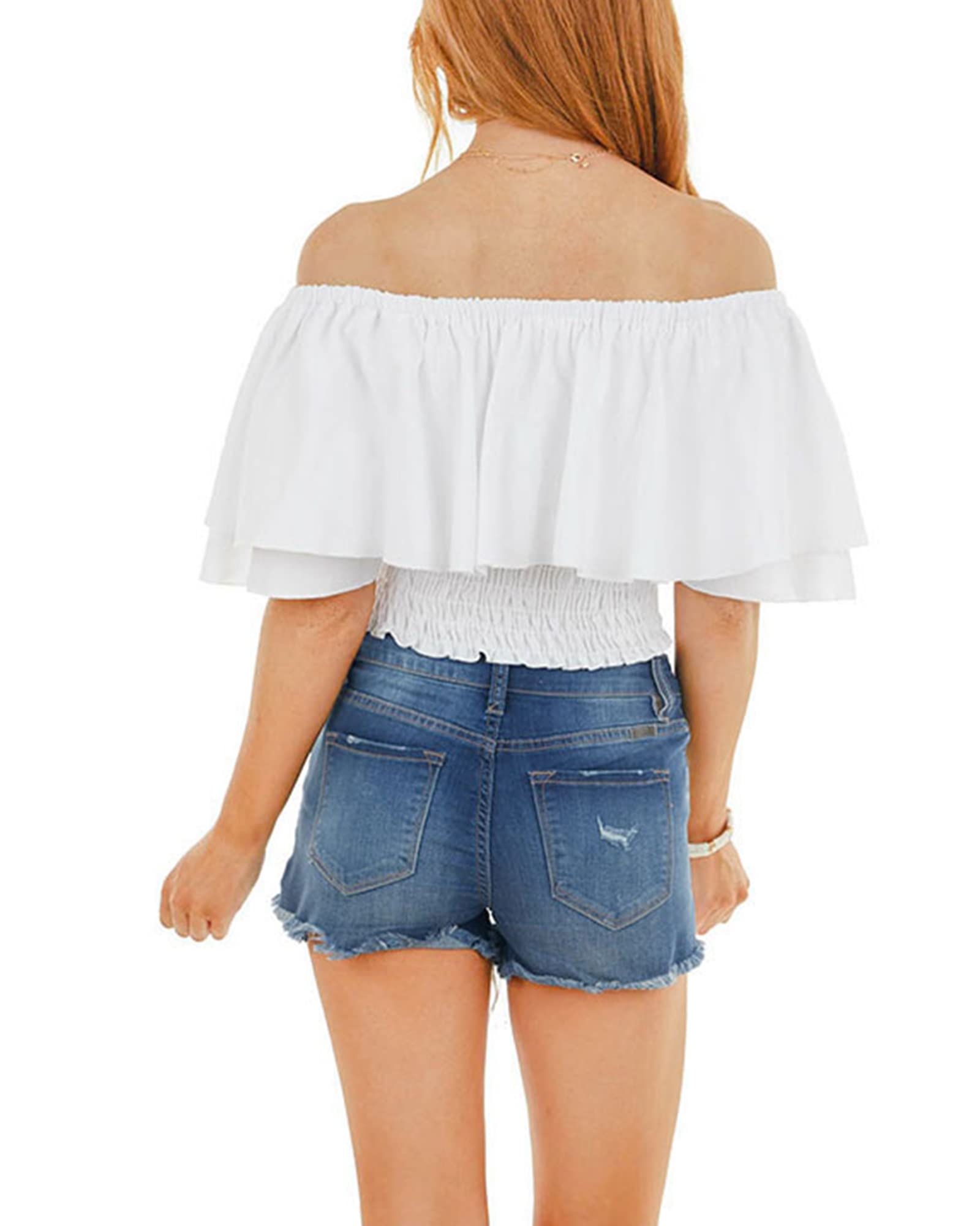 HibluCo Women's Off Shoulder Ruffled Crop Top - Smocked Waist Blouse for Summer | Casual Beach Wear, Date Night Outfit, Vacation Style
