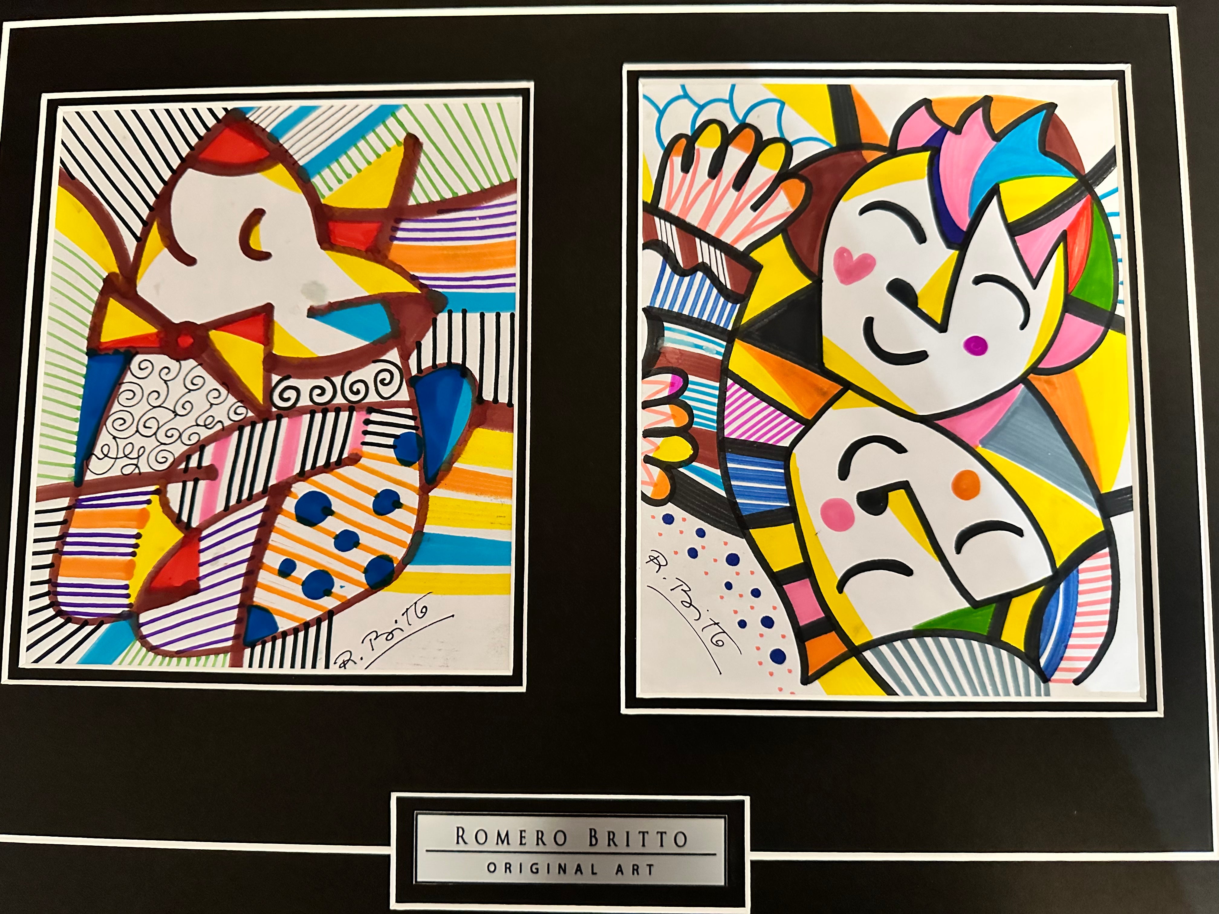 Romero Britto Signed Original Matted Sketches - 2-Piece Set with COA - Perfect for Art Collectors, Home Decor & Gift Giving