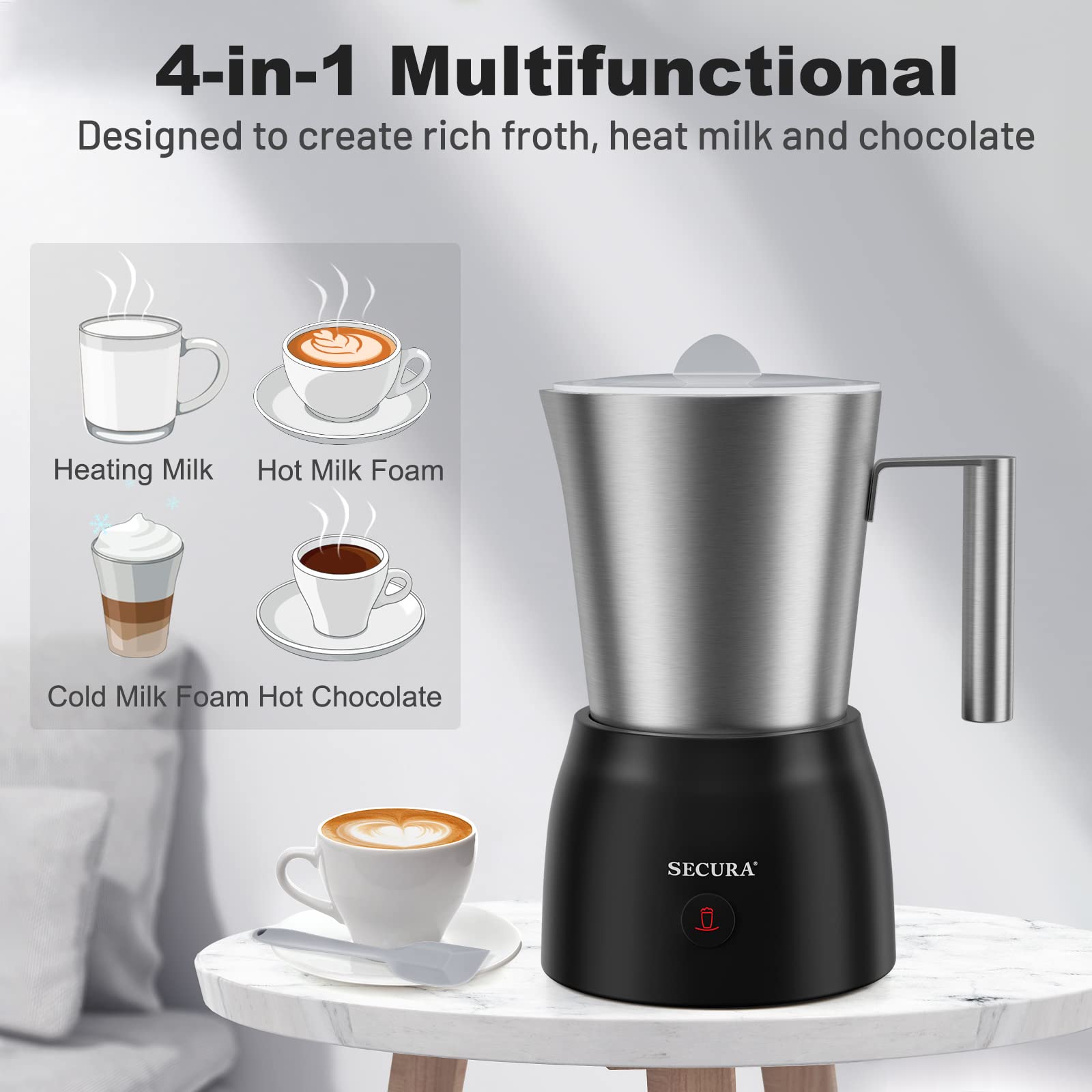 Secura 17oz Electric Milk Frother and Steamer - Stainless Steel Hot & Cold Foam Maker for Lattes, Cappuccino, Hot Chocolate - Upgraded 2-in-1 Whisks, Non-Stick Teflon-Free Design - Perfect for Coffee Shops, Home Baristas and Breakfast Drinks