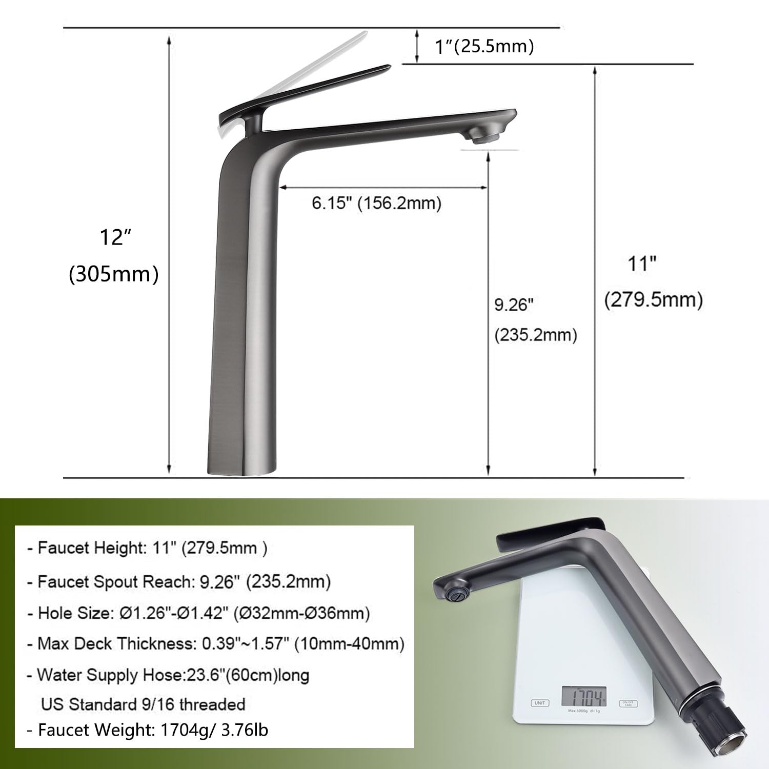 Modern Single Handle Tall Vessel Sink Faucet in Gun Grey - Single Hole Bathroom Basin Mixer Tap for Vanity - Perfect for Contemporary Bathrooms & Powder Rooms